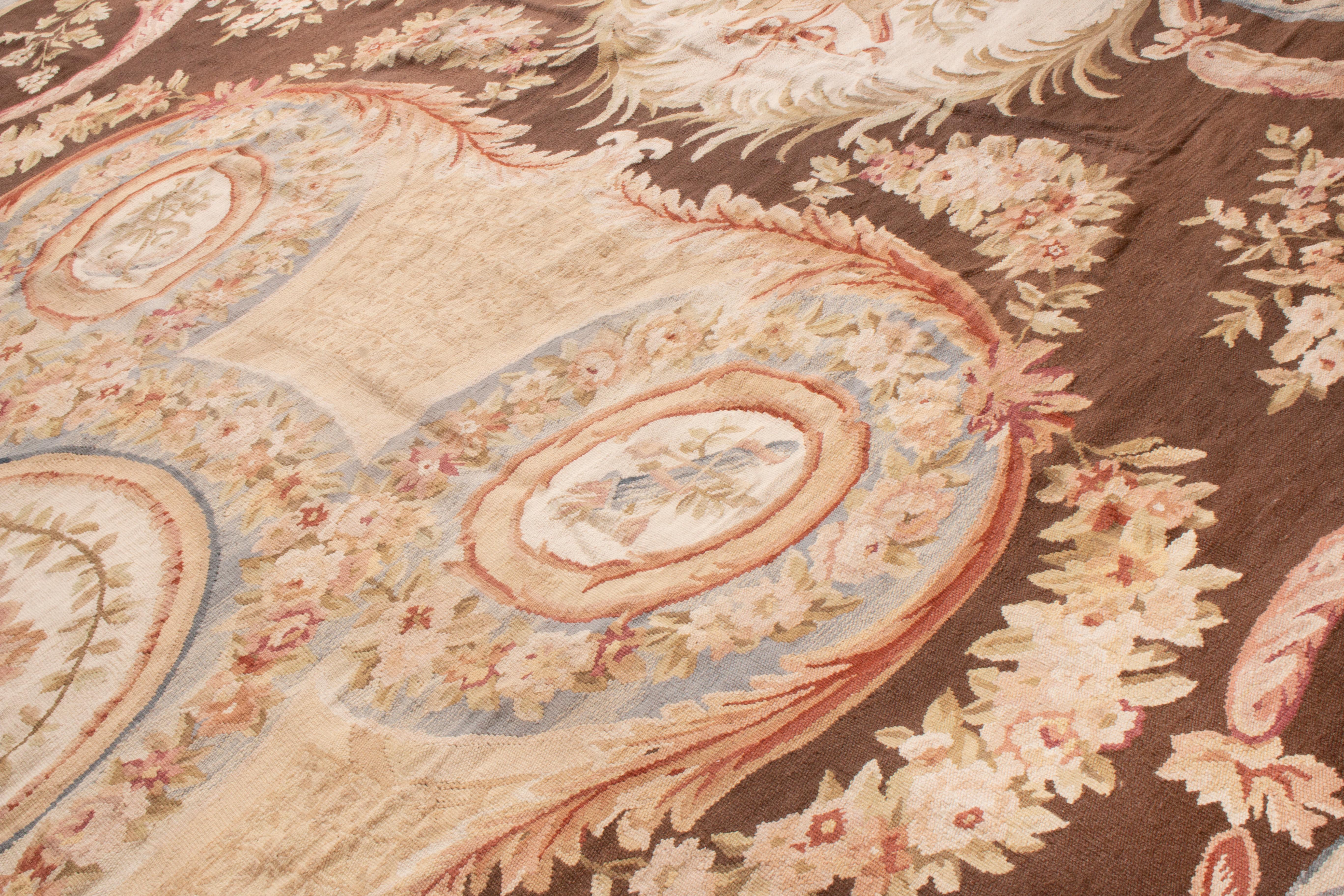 Chinese New Aubusson Pink and Brown Wool Rug with All-Over Floral Patterns