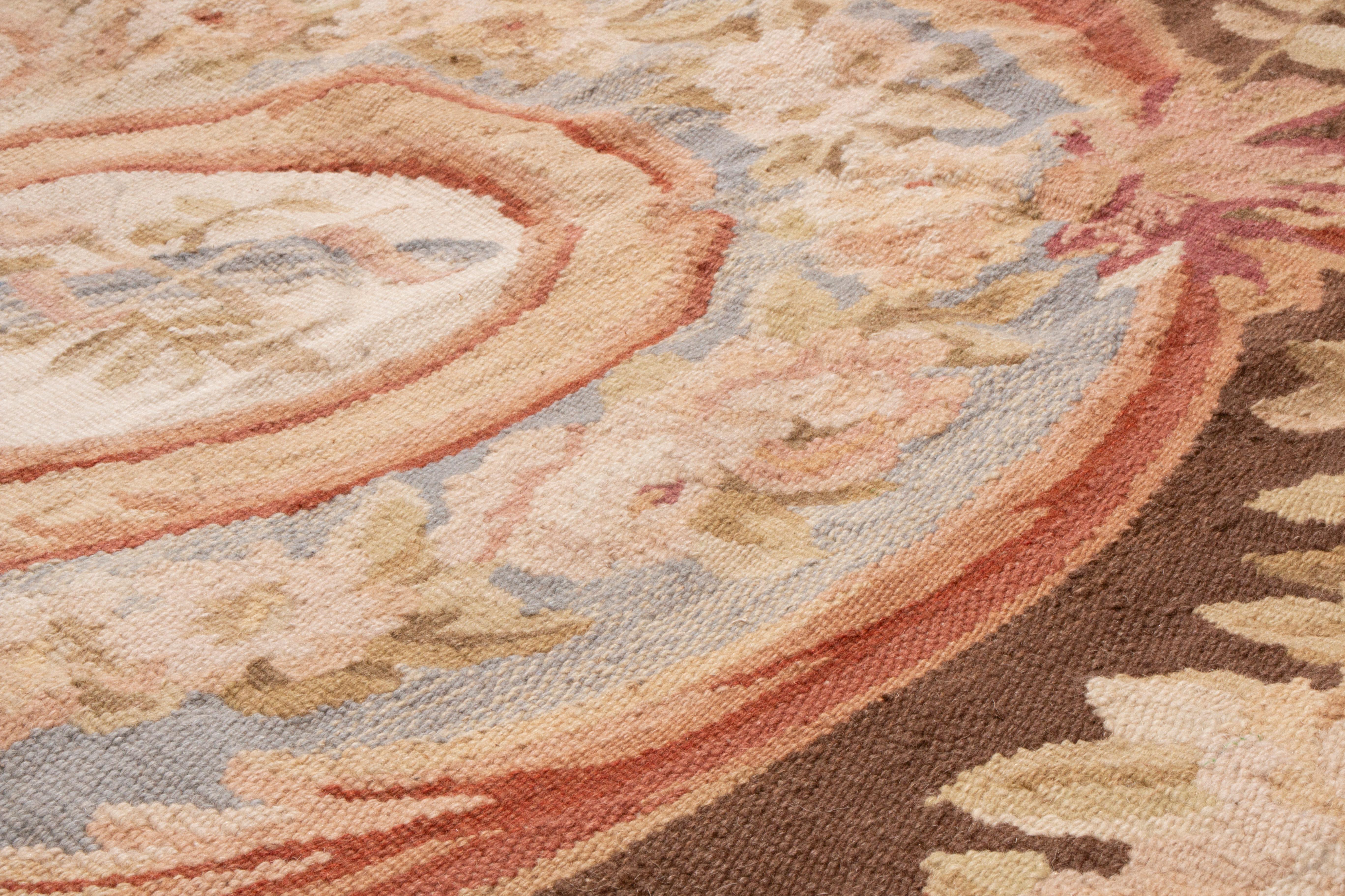 Hand-Knotted New Aubusson Pink and Brown Wool Rug with All-Over Floral Patterns