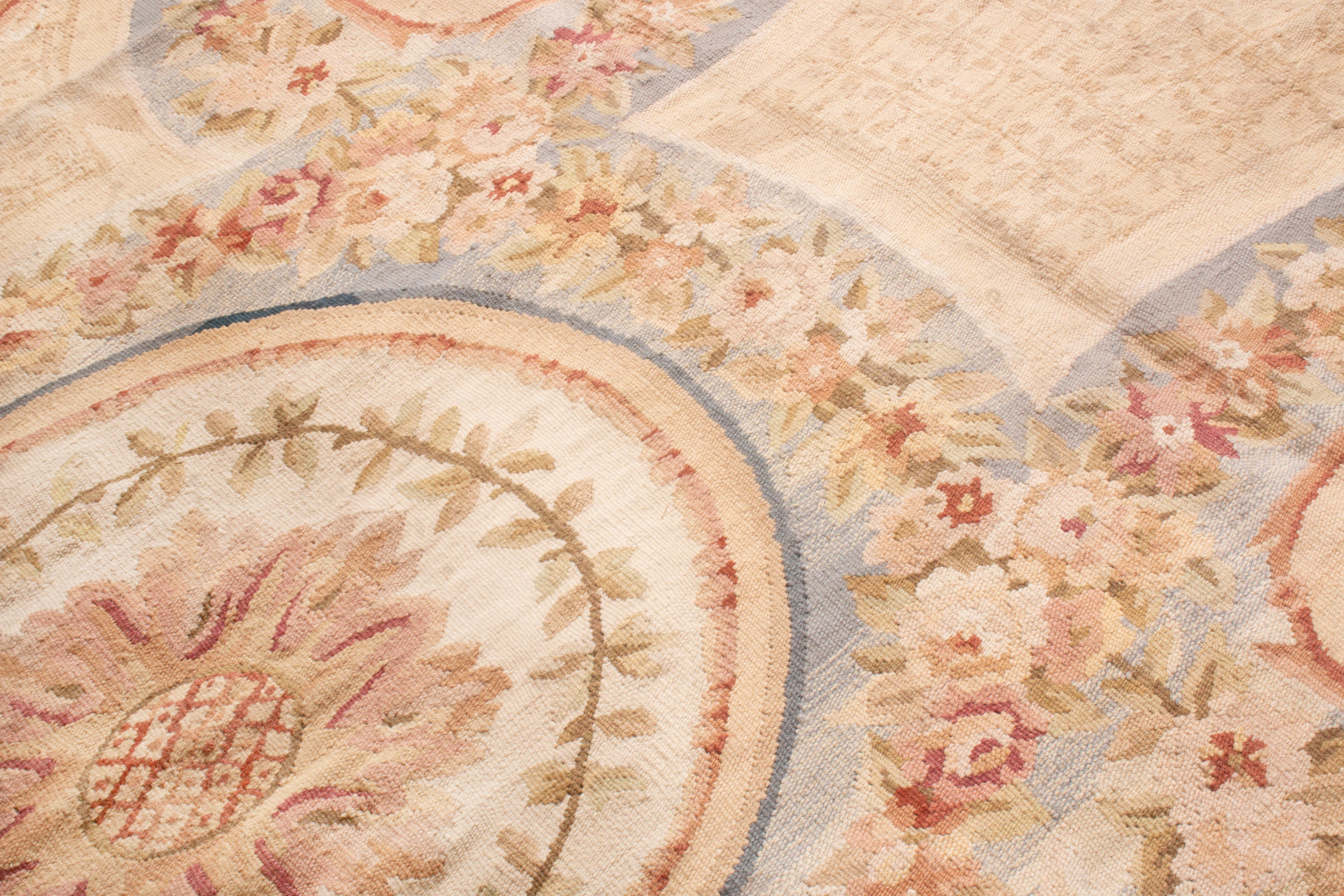 New Aubusson Pink and Brown Wool Rug with All-Over Floral Patterns In Excellent Condition In Long Island City, NY