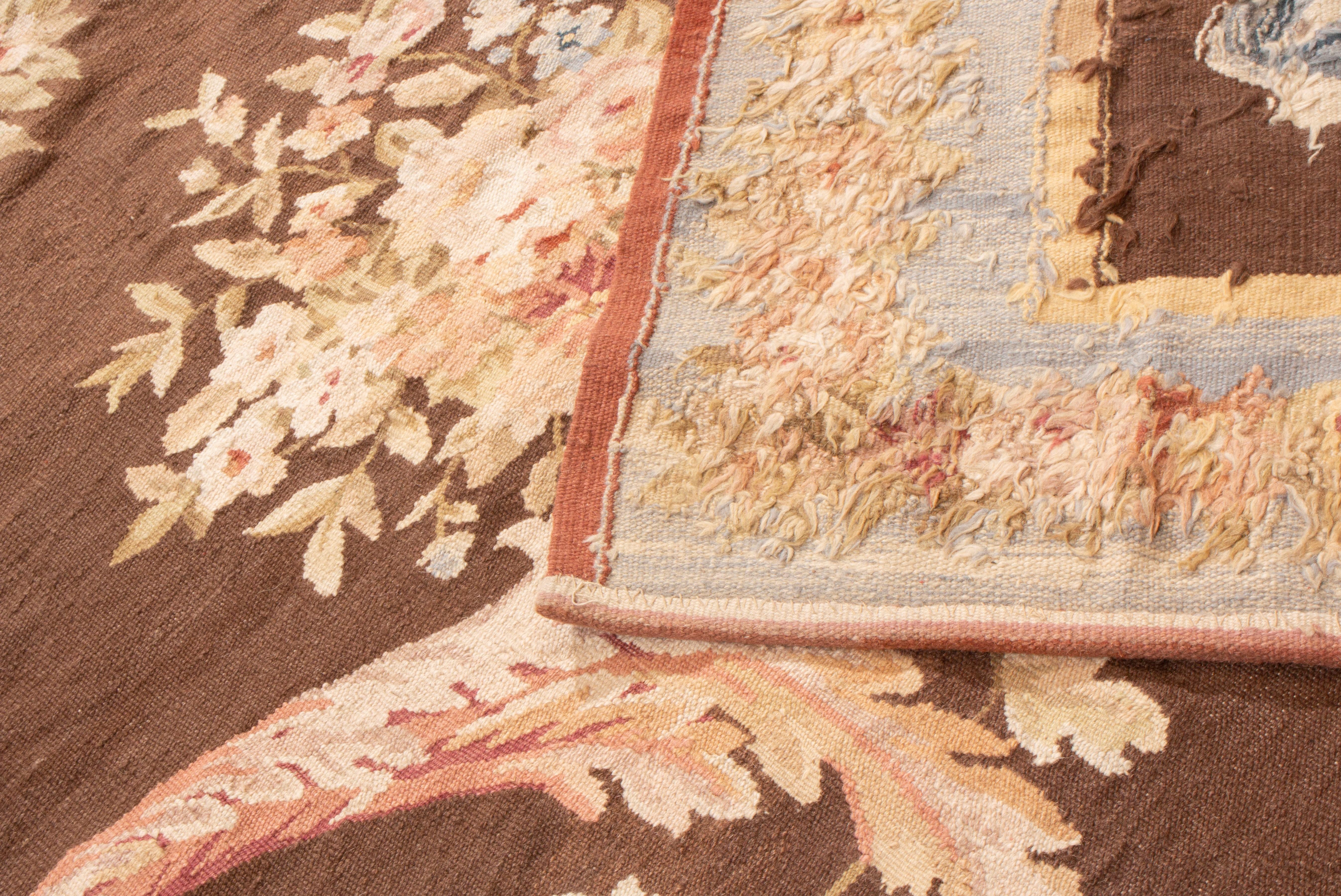 Contemporary New Aubusson Pink and Brown Wool Rug with All-Over Floral Patterns
