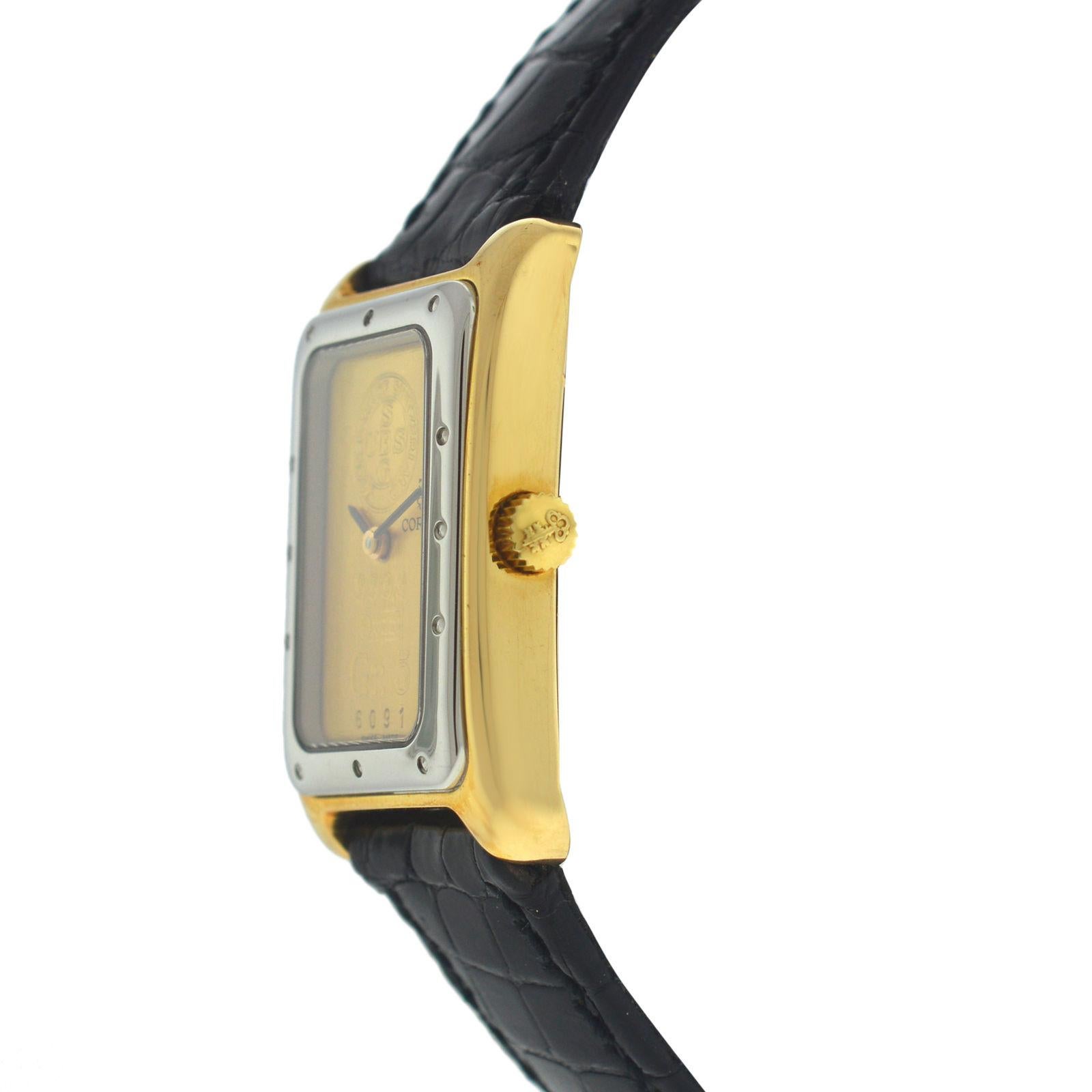 Brand	Corum
Model	Ingot 24.300.21
Gender	Ladies
Condition	New store display
Movement	Swiss Quartz
Case Material	18K Yellow Gold & Stainless Steel
Bracelet / Strap Material	
Leather 

Clasp / Buckle Material	
Gold plated Stainless Steel

Clasp