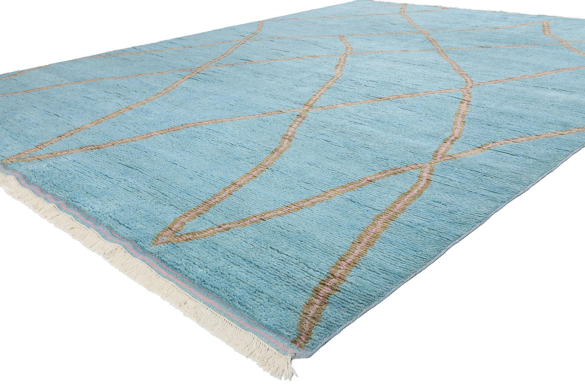 31261 Azure Elegance Abstrakter Marokkanischer Teppich, 09'03 x 12'00. Die indisch-marokkanischen Teppiche vereinen meisterhaft Stammesmuster, geometrische Formen und fesselnde Motive, die für die marokkanische Teppichkunst beispielhaft sind. Diese
