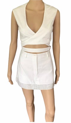 New Azzedine Alaia Embellished White Mini Skort Shorts and Bra Top 2 Piece Set