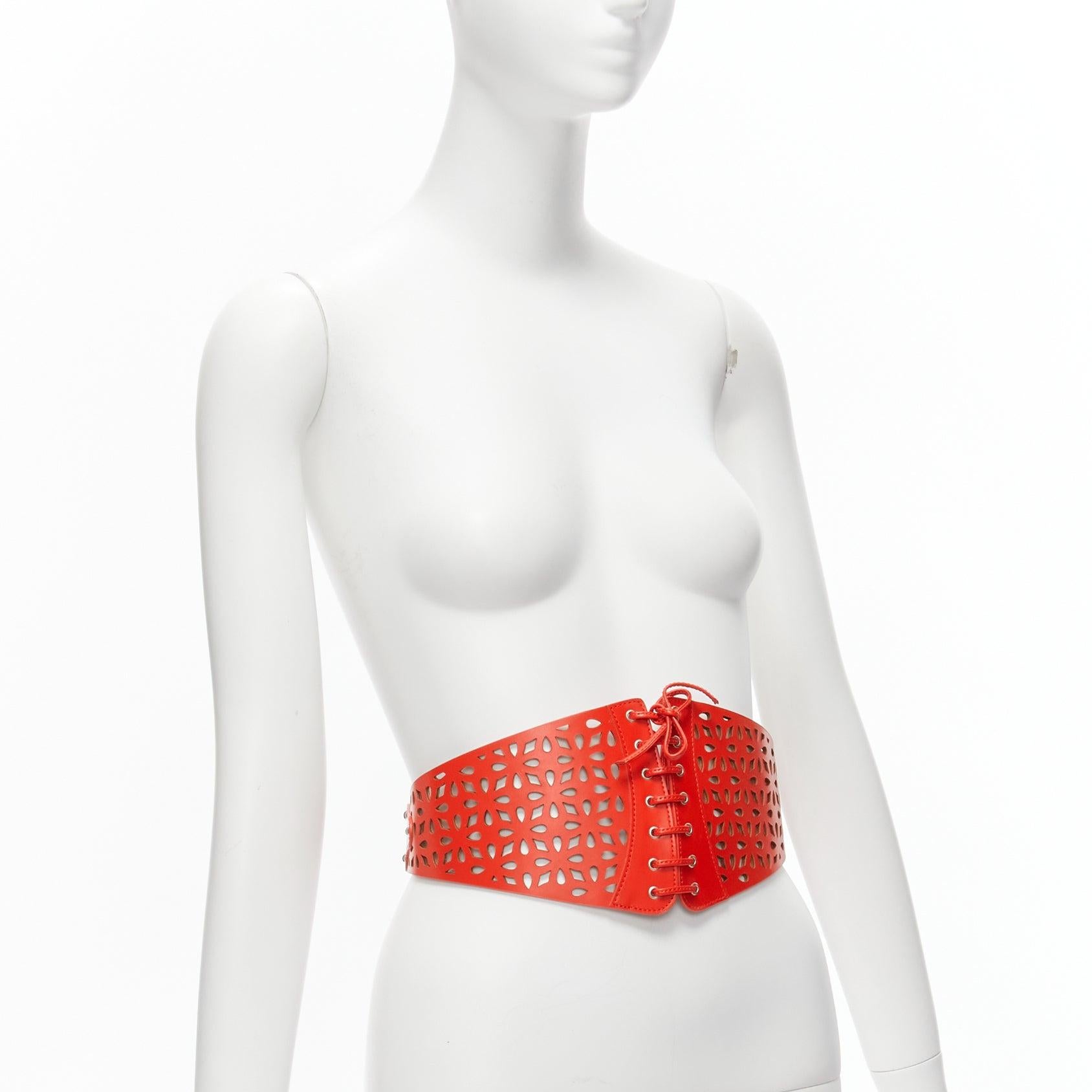 new AZZEDINE ALAIA red laser cut leather laced corset waist belt 70cm In New Condition For Sale In Hong Kong, NT