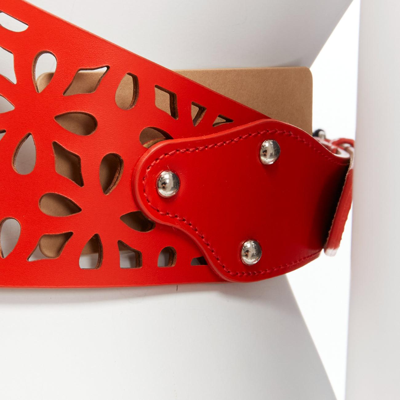 new AZZEDINE ALAIA red laser cut leather laced corset waist belt 70cm For Sale 4