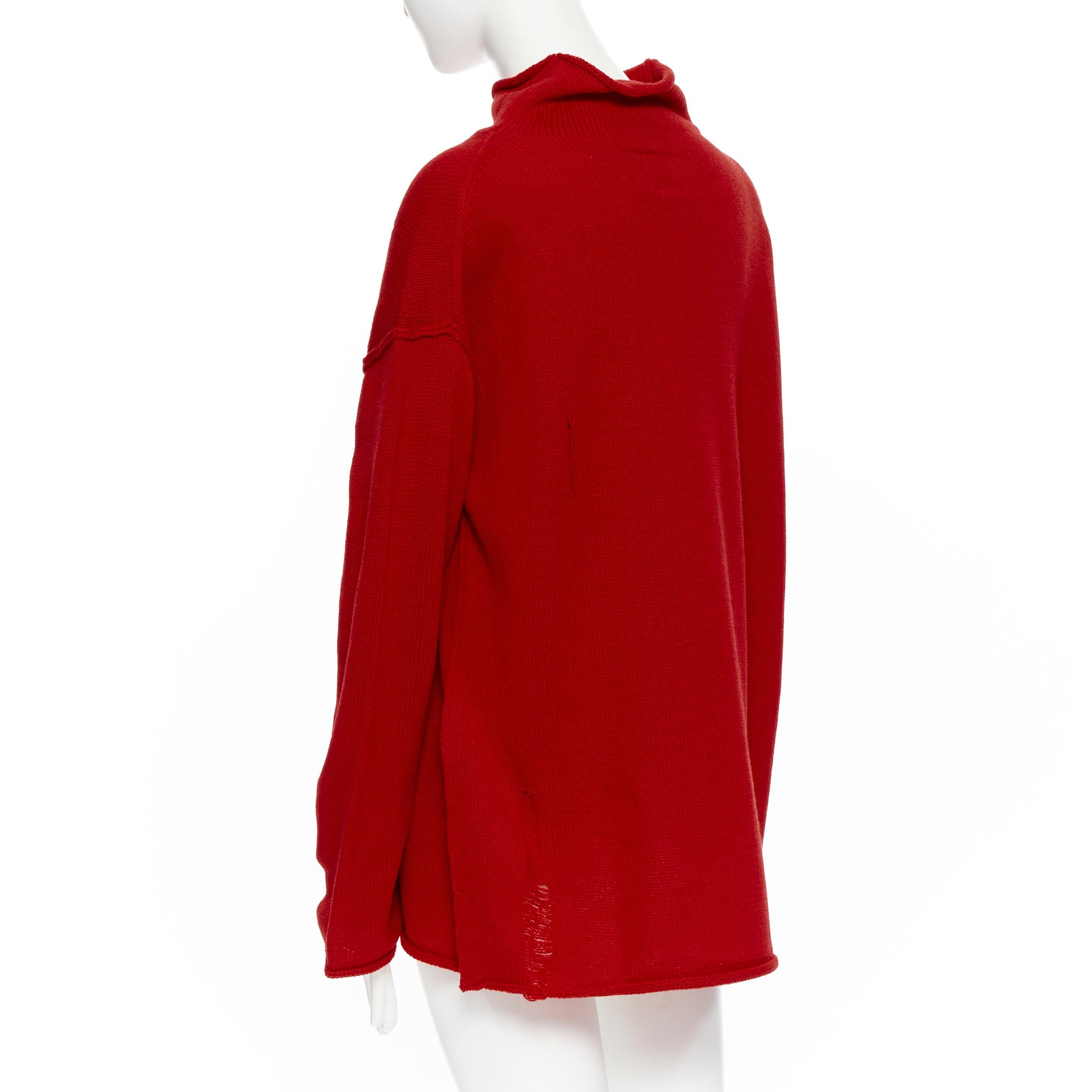 new B YOHJI YAMAMOTO Unisex 100% wool red distressed holey raw edge pullover M 2