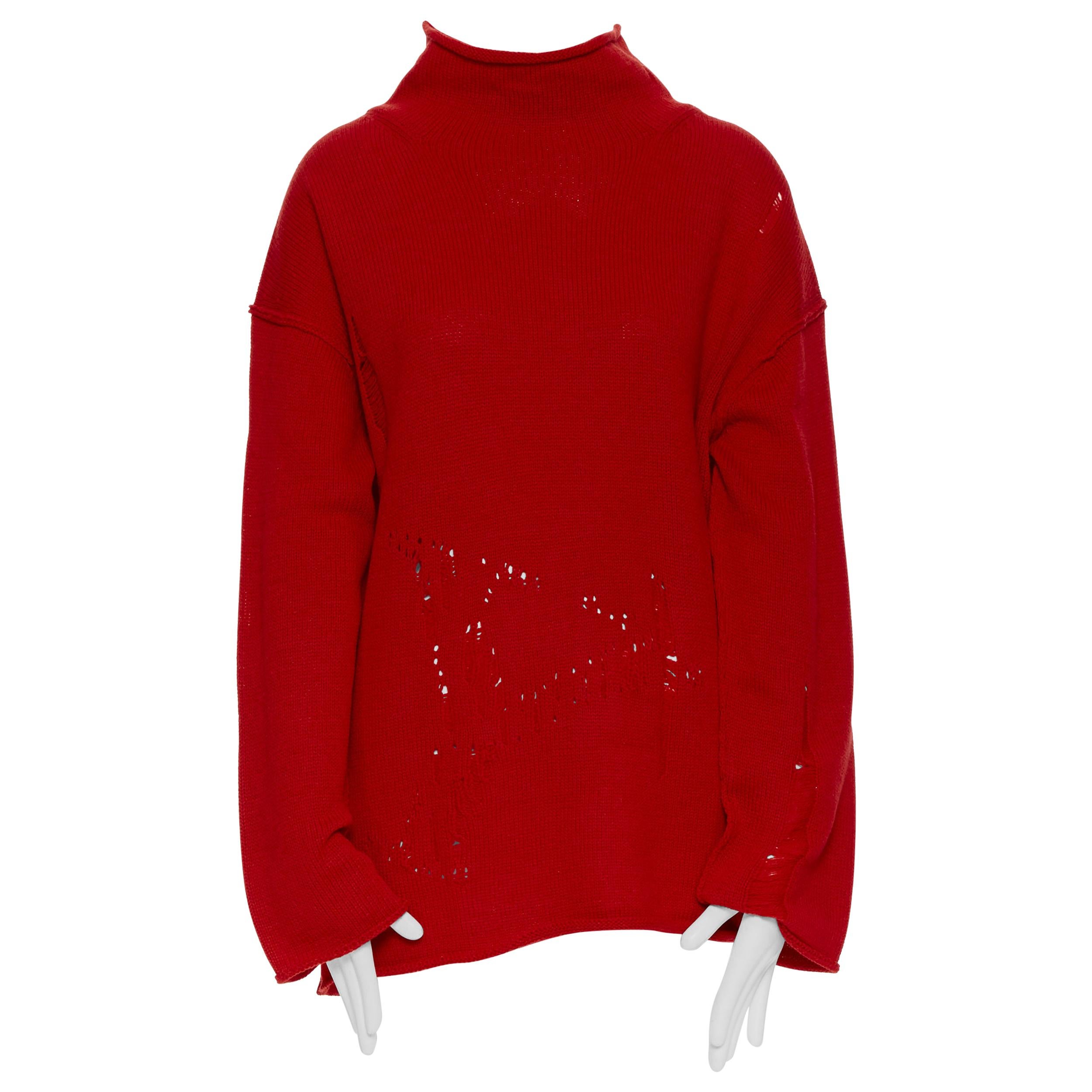 new B YOHJI YAMAMOTO Unisex 100% wool red distressed holey raw edge pullover M
