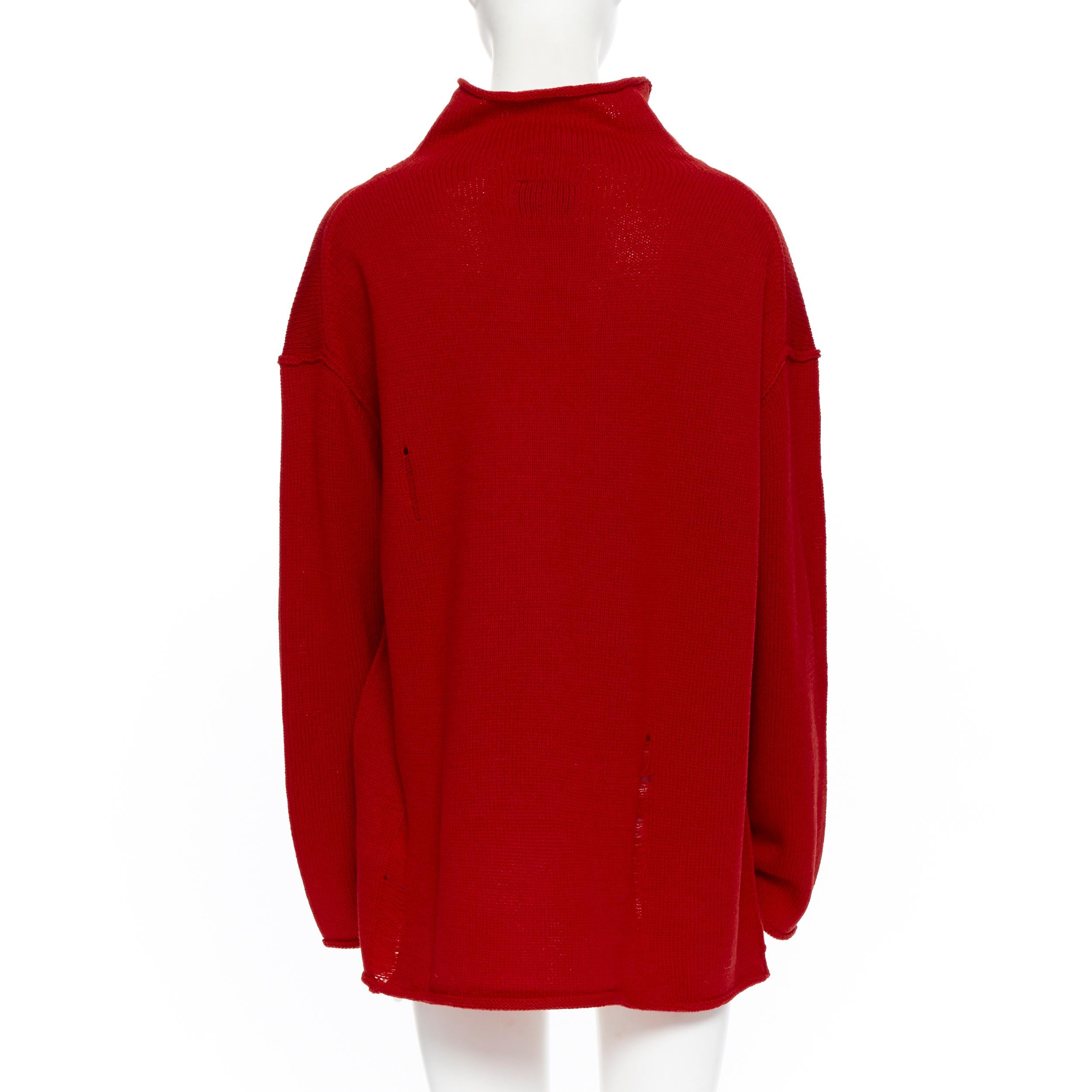 new B YOHJI YAMAMOTO Unisex 100% wool red distressed holey raw edge sweater M 1