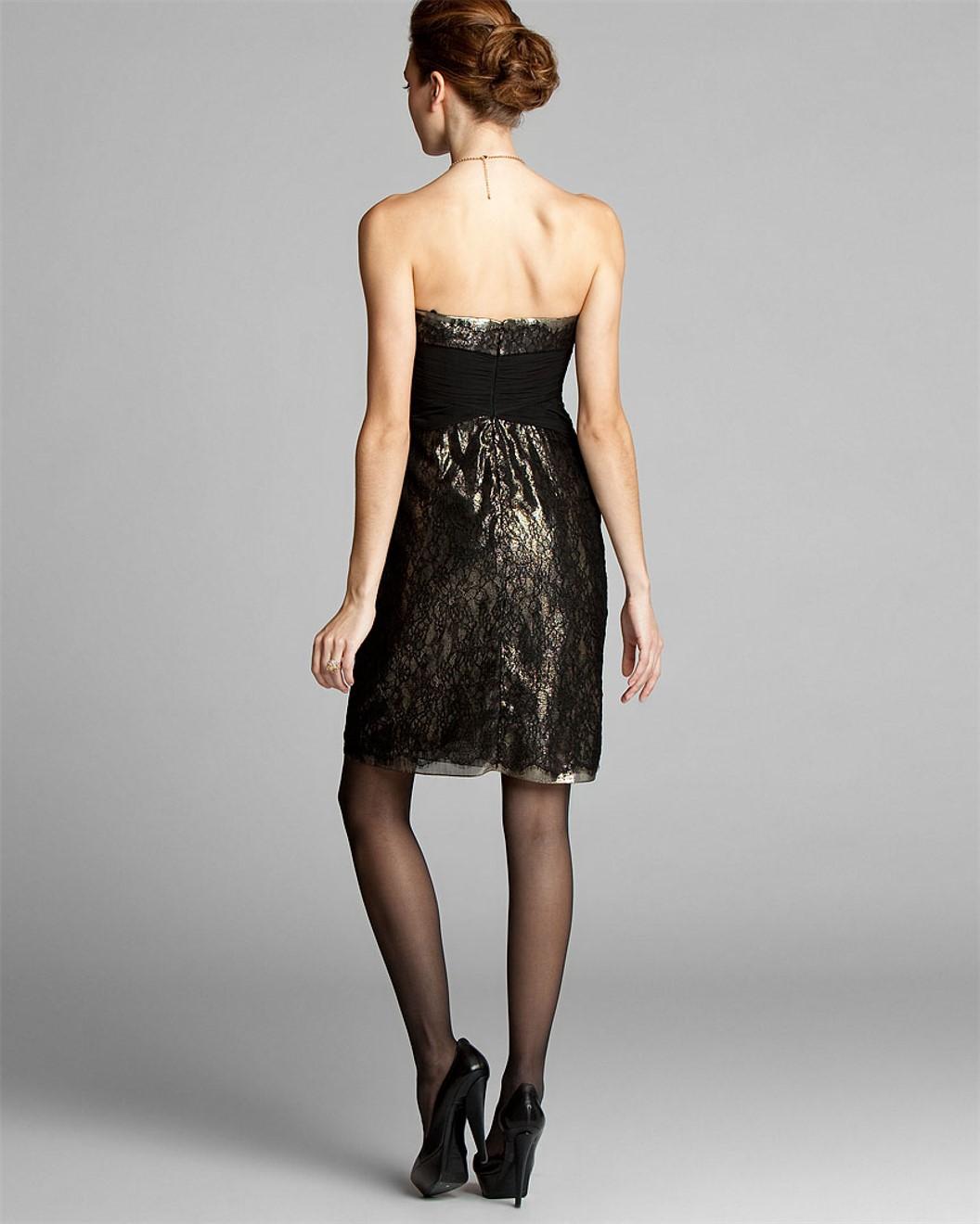 Neu Badgley Mischka Couture Cocktailkleid aus schwarzer Spitze und goldener Lame, Gr 2 (Schwarz)