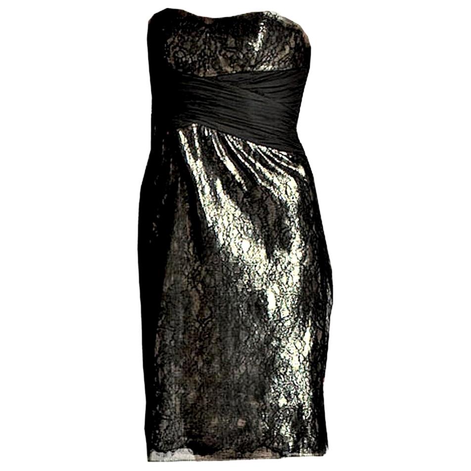 New Badgley Mischka Black Lace and Gold Lame Cocktail Dress Sz 6