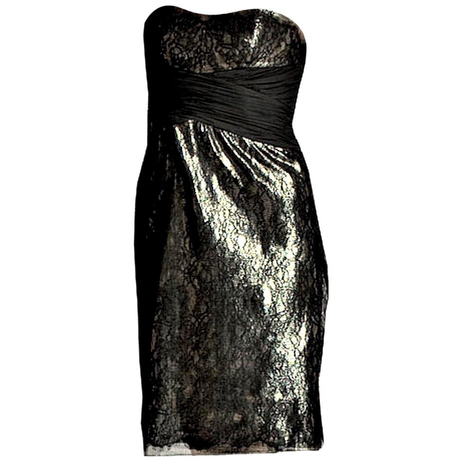 New Badgley Mischka Couture Black Lace and Gold Lame Cocktail Dress Sz 8
