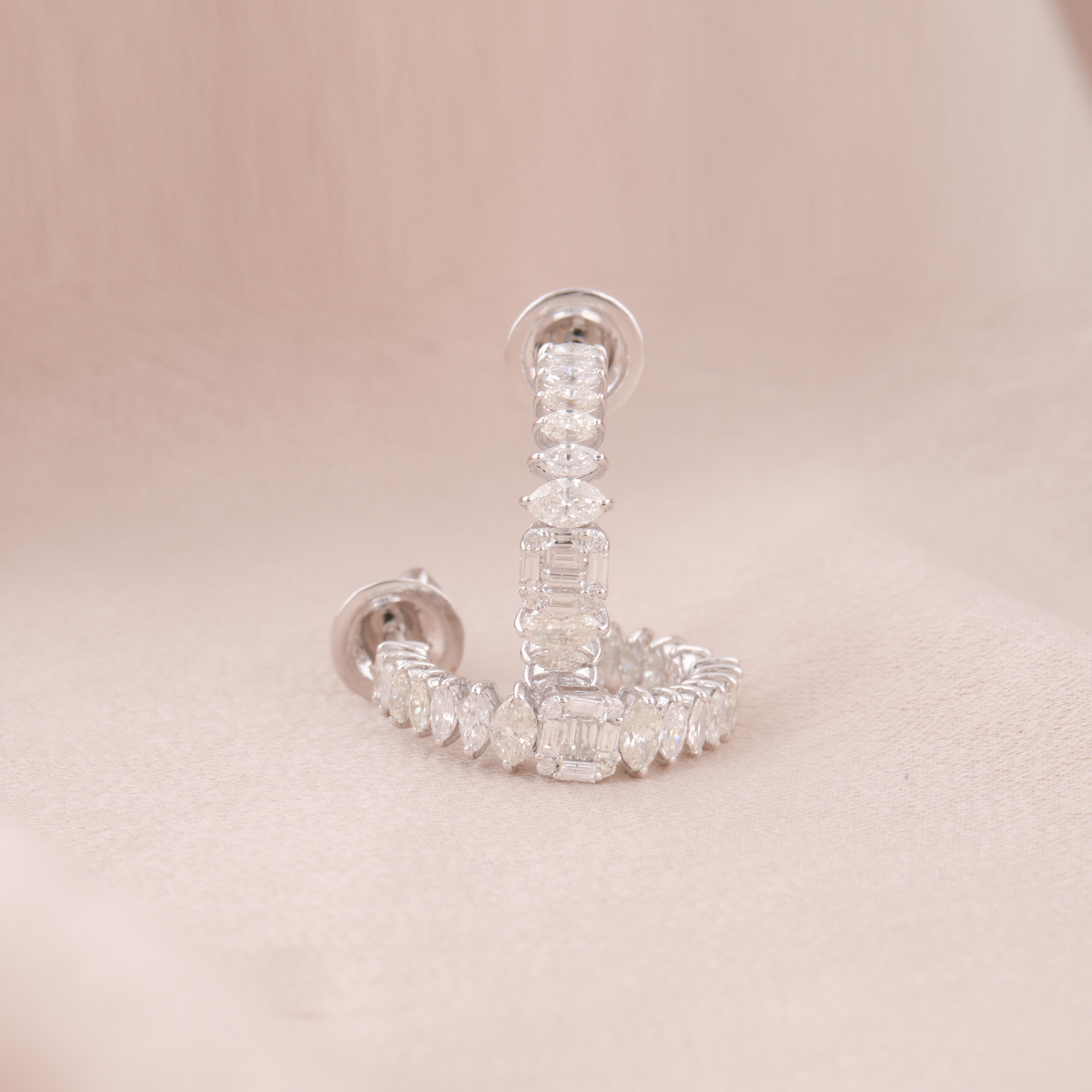 Baguette Cut New Baguette Marquise Diamond Hoop Earrings 18 Karat White Gold Handmade Jewelry For Sale