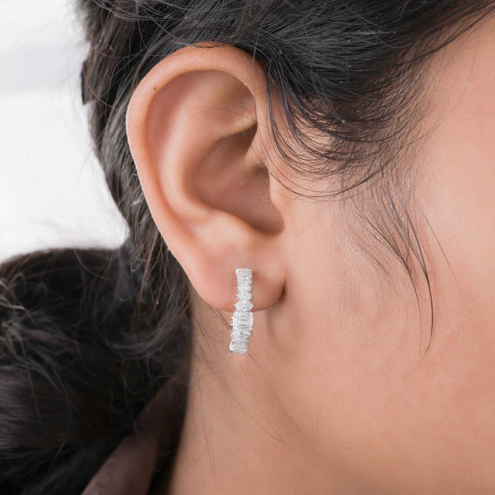 Women's New Baguette Marquise Diamond Hoop Earrings 18 Karat White Gold Handmade Jewelry For Sale