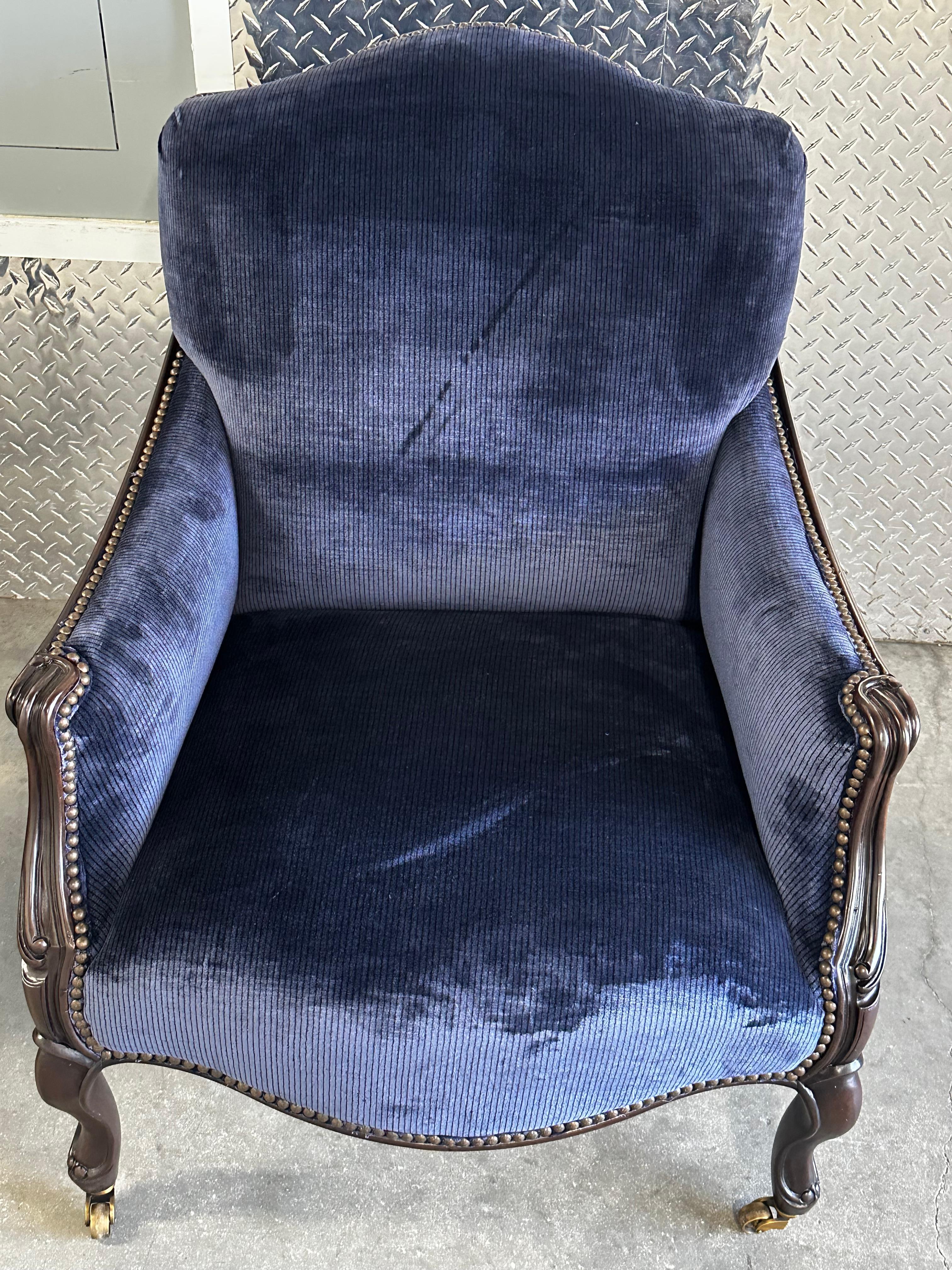 New Baker Navy Velvet Bergere Louis Style Library Castors Chairs, Set of 3 For Sale 3