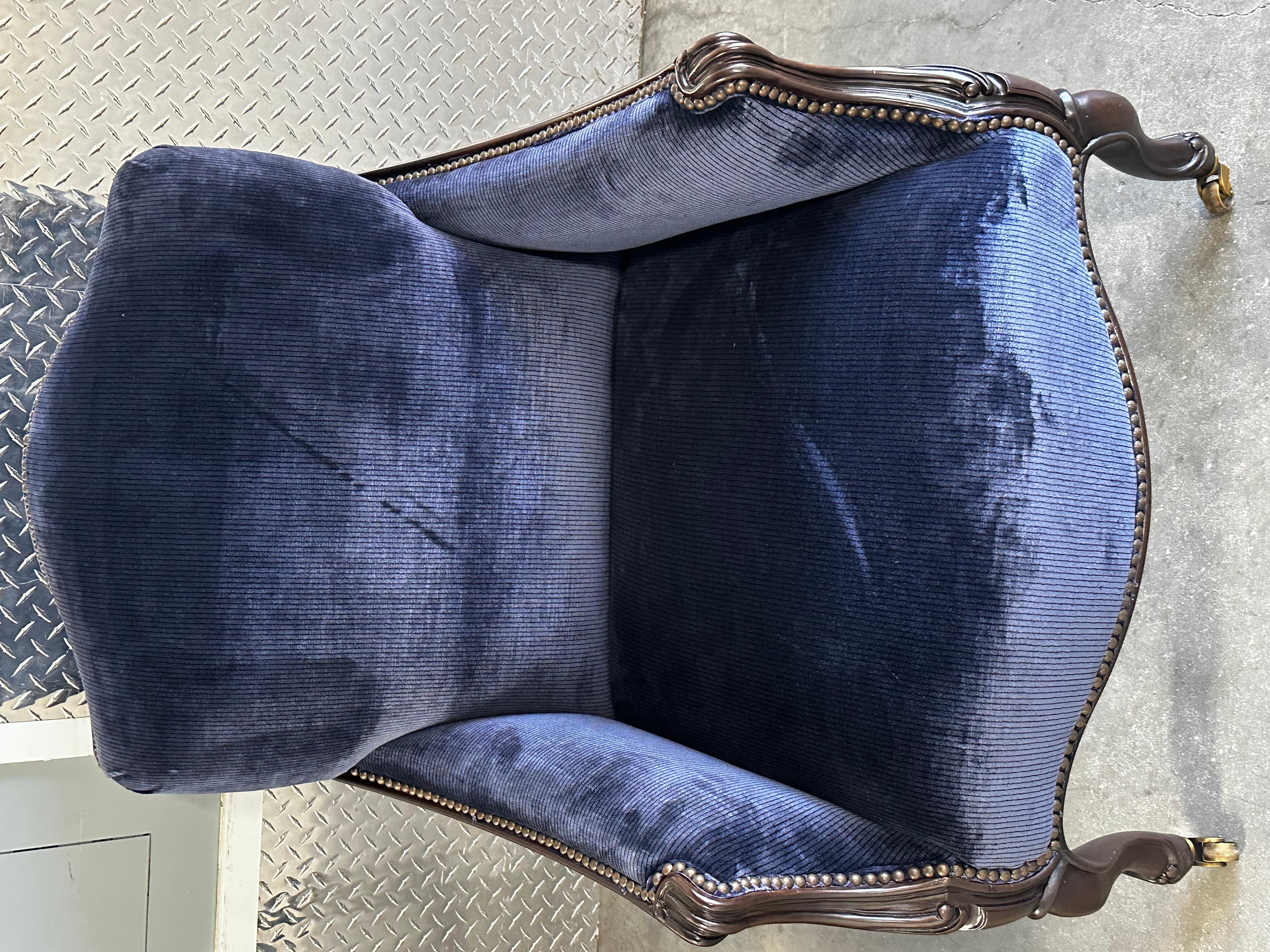 New Baker Furniture Navy Velvet Bergere Louis Style Chairs, Set of 3 For Sale 3