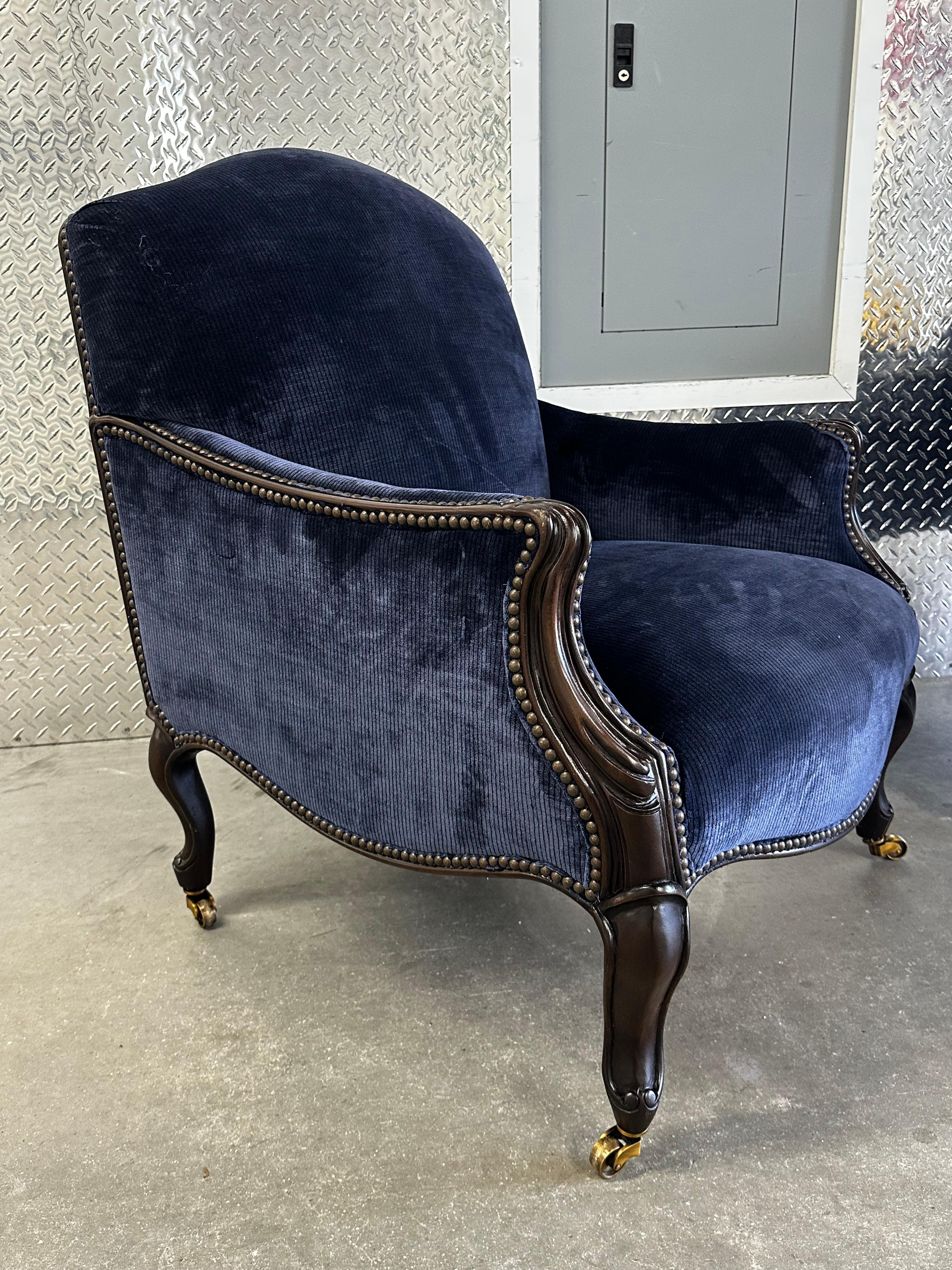 New Baker Navy Velvet Bergere Louis Style Library Castors Chairs, Set of 3 For Sale 4