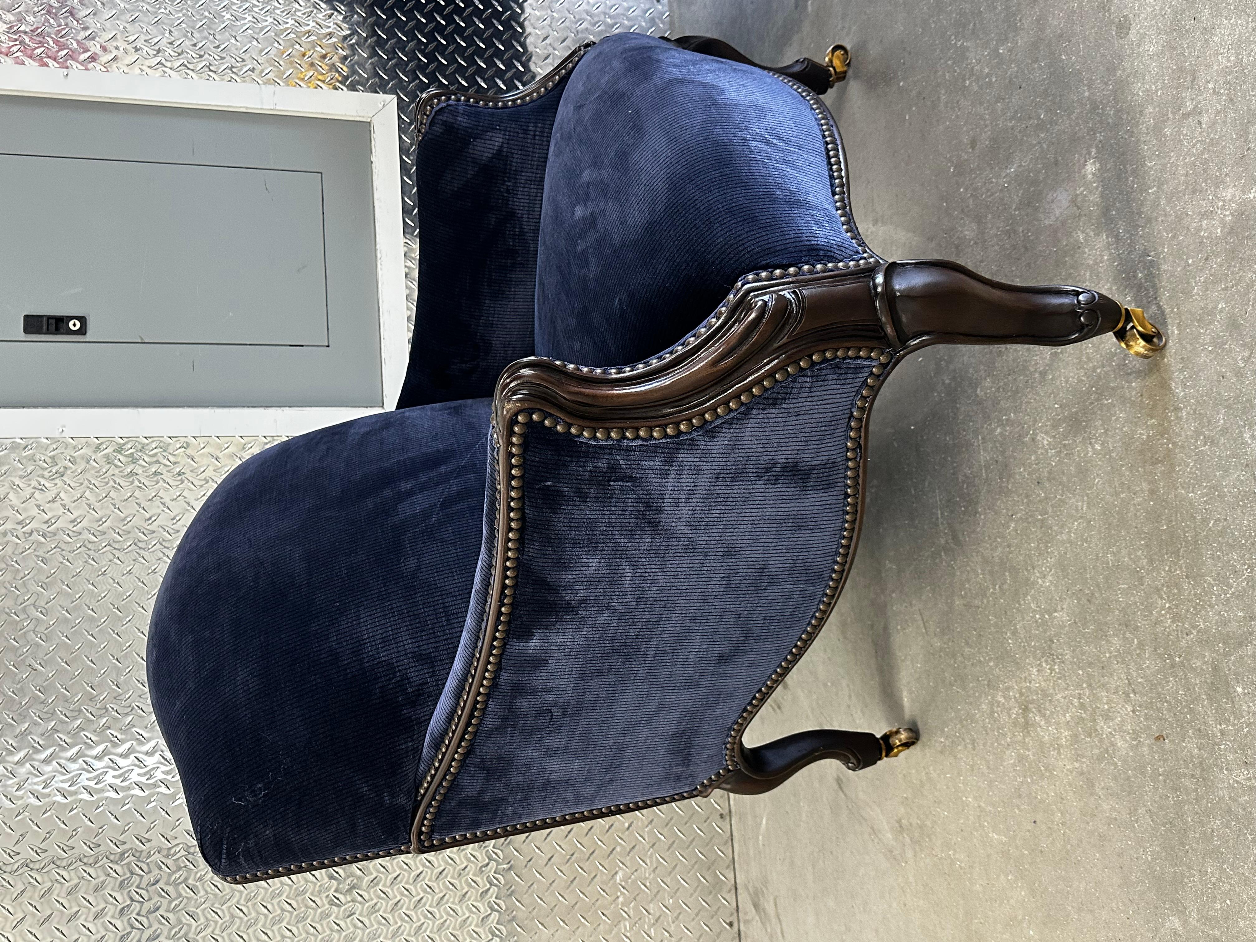 New Baker Furniture Navy Velvet Bergere Louis Style Chairs, Set of 3 For Sale 4