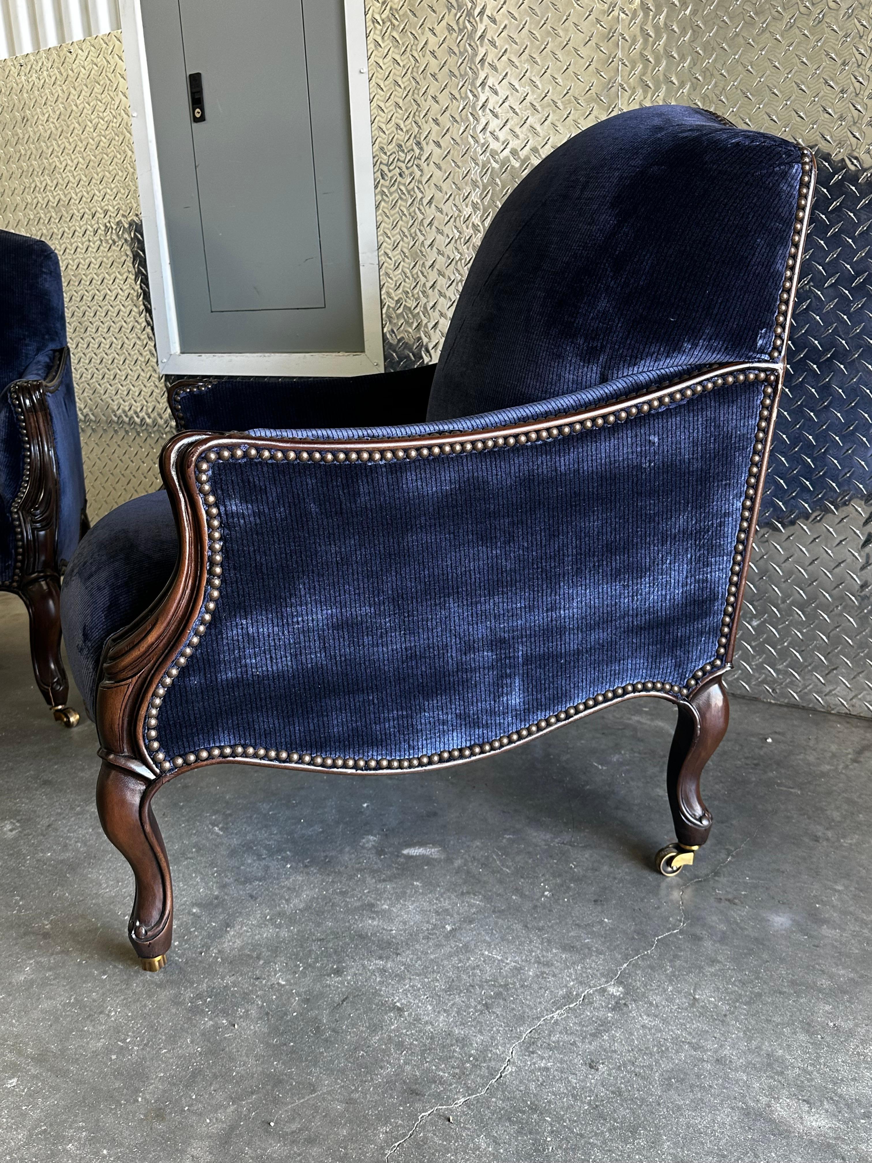 New Baker Navy Velvet Bergere Louis Style Library Castors Chairs, Set of 3 For Sale 5