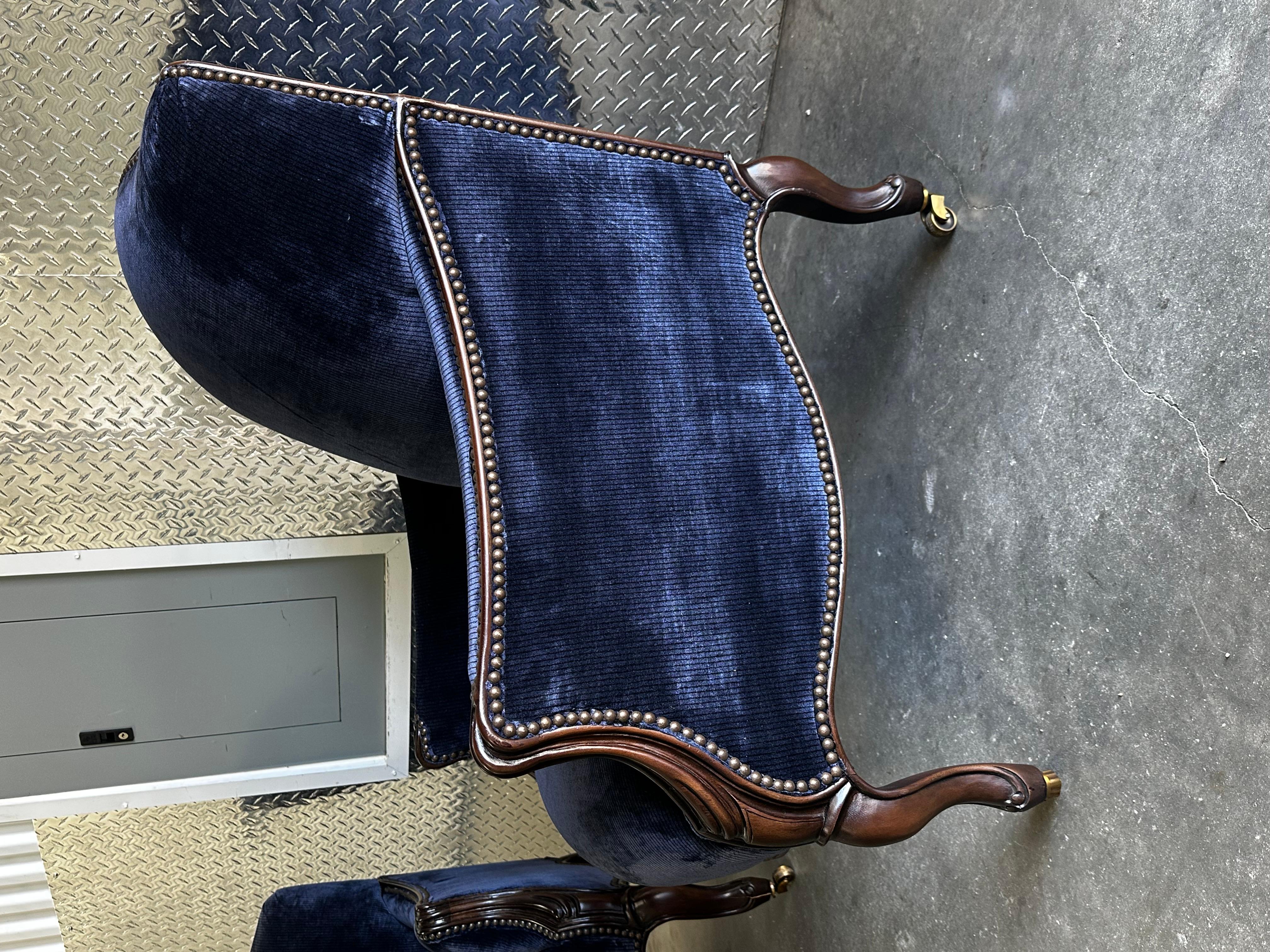 New Baker Furniture Navy Velvet Bergere Louis Style Chairs, Set of 3 For Sale 5