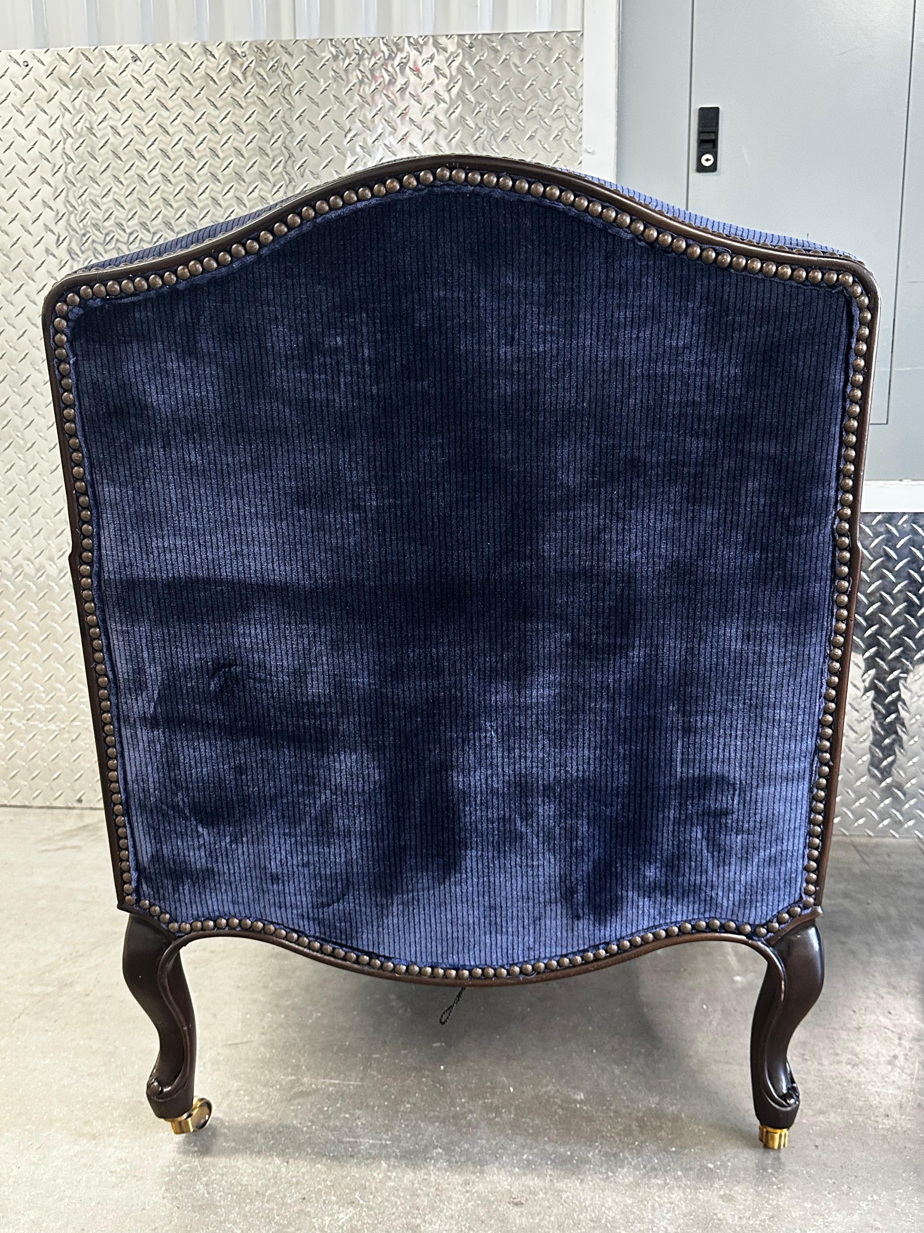 New Baker Navy Velvet Bergere Louis Style Library Castors Chairs, Set of 3 For Sale 6
