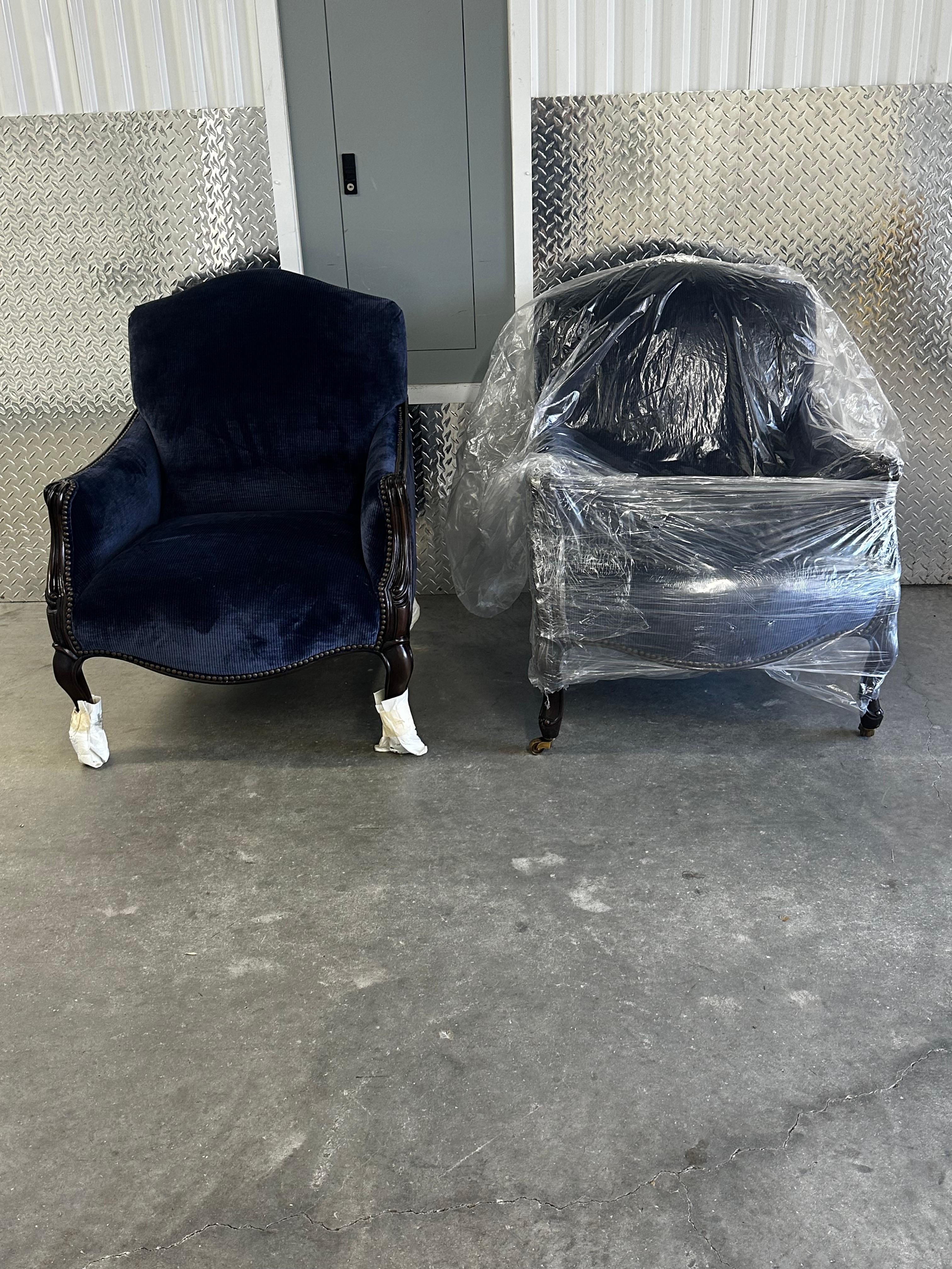 New Baker Navy Velvet Bergere Louis Style Library Castors Chairs, Set of 3 For Sale 8