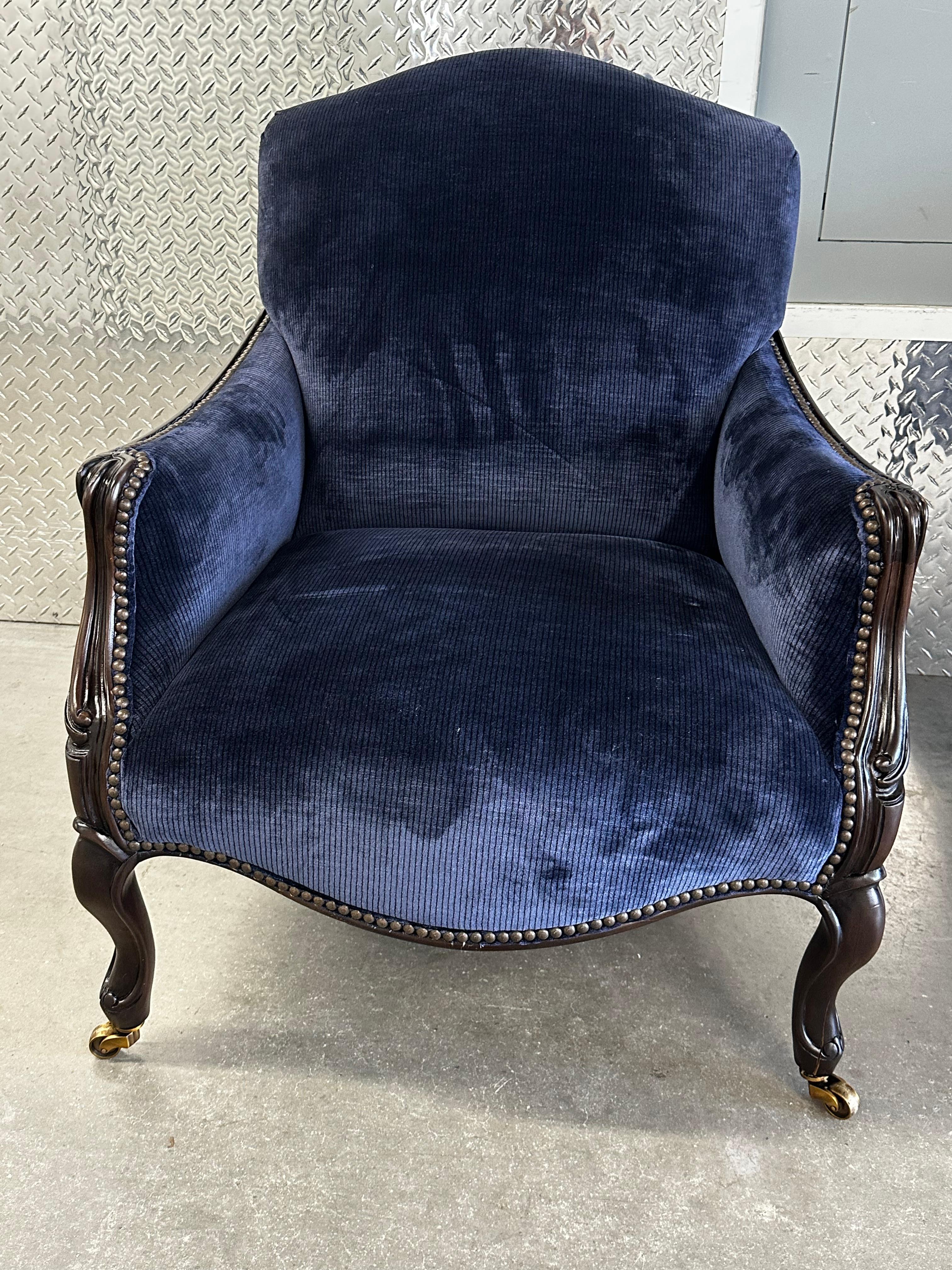 New Baker Navy Velvet Bergere Louis Style Library Castors Chairs, Set of 3 For Sale 9