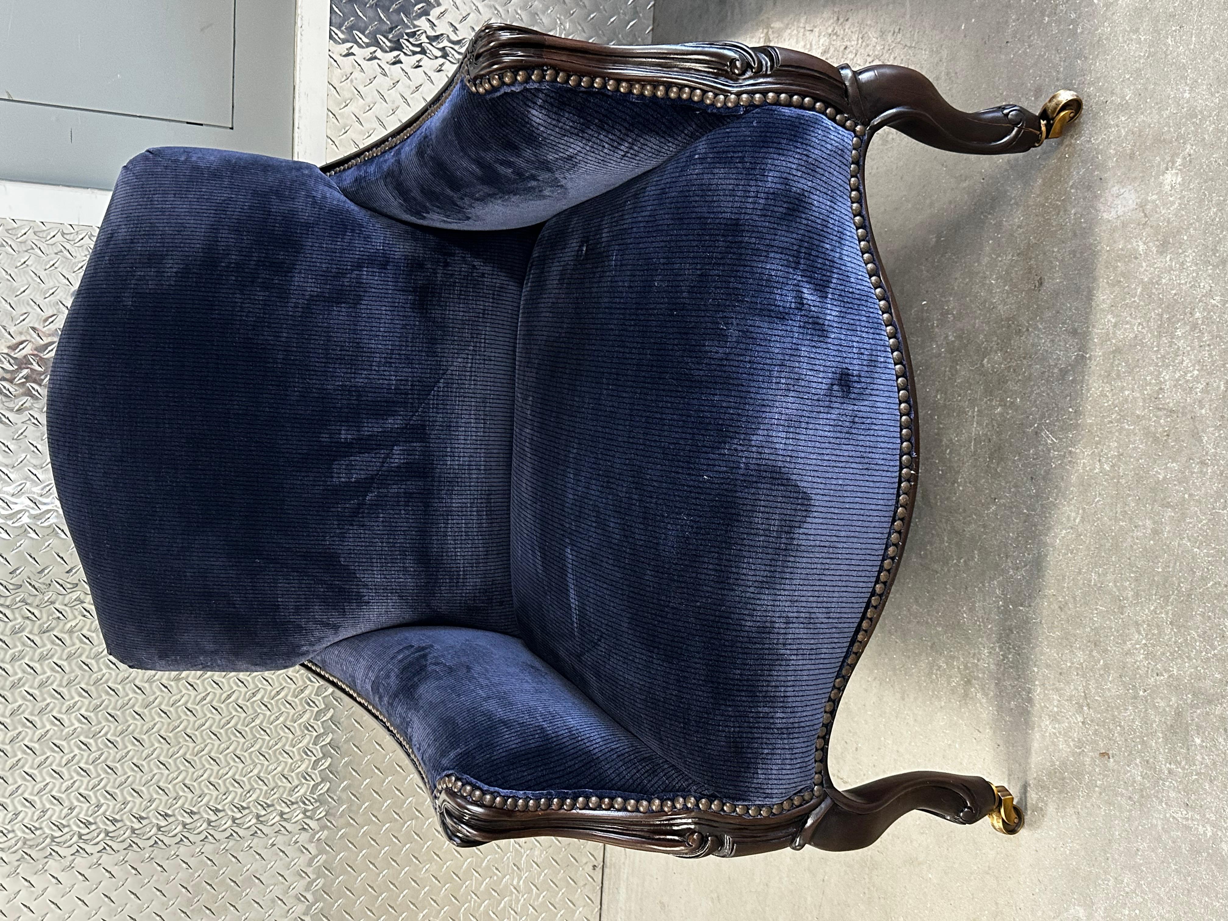 New Baker Furniture Navy Velvet Bergere Louis Style Chairs, Set of 3 For Sale 9
