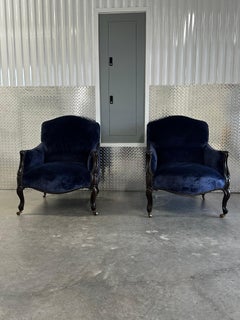 New Baker Navy Velvet Bergere Louis Style Library Castors Chairs, Set of 2
