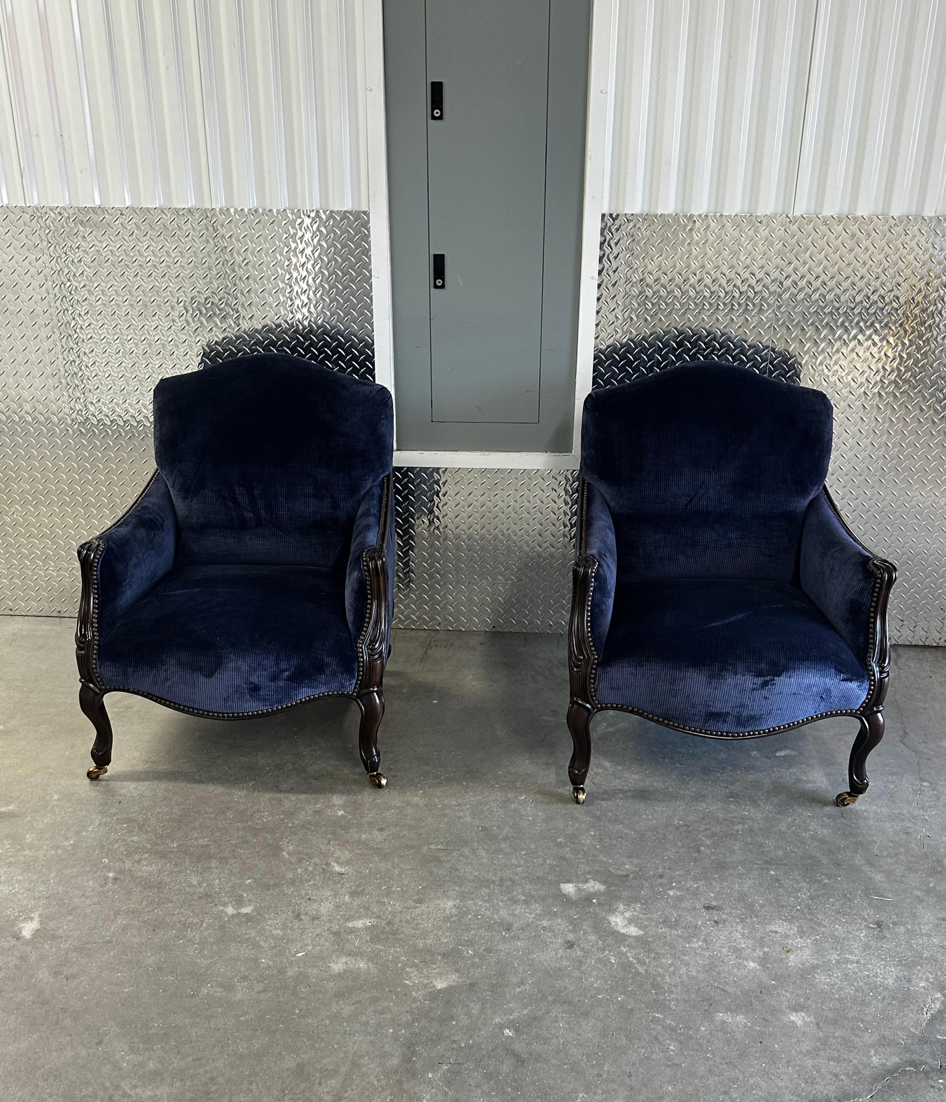Louis XVI New Baker Furniture Navy Velvet Bergere Louis Style Chairs, Set of 3 For Sale