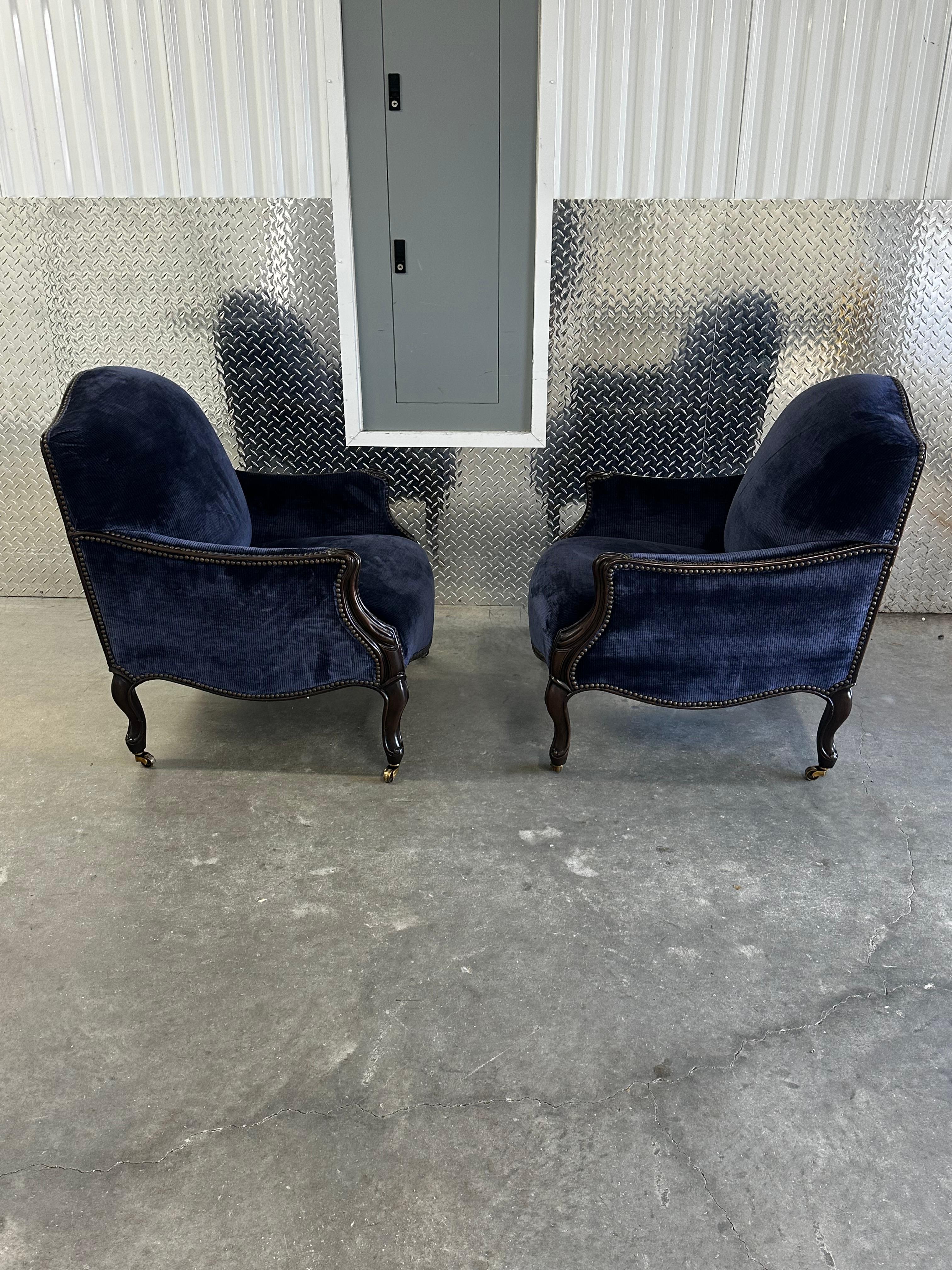 American New Baker Furniture Navy Velvet Bergere Louis Style Chairs, Set of 3 For Sale