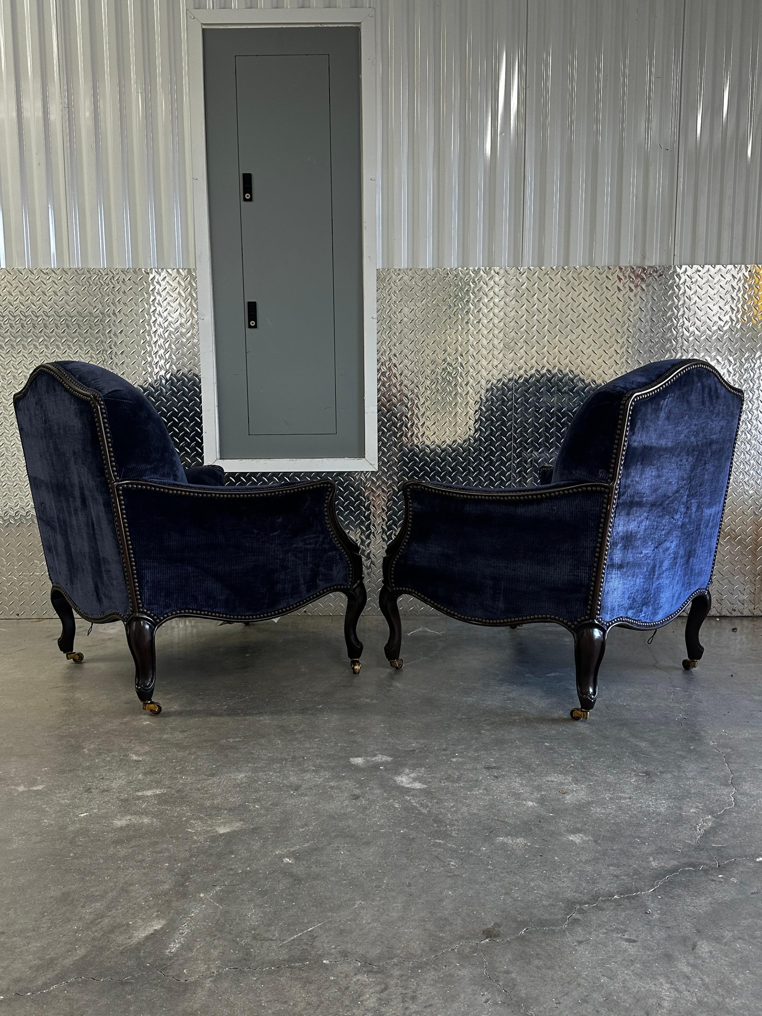 New Baker Navy Velvet Bergere Louis Style Library Castors Chairs, Set of 3 In Excellent Condition For Sale In Fort Lauderdale, FL