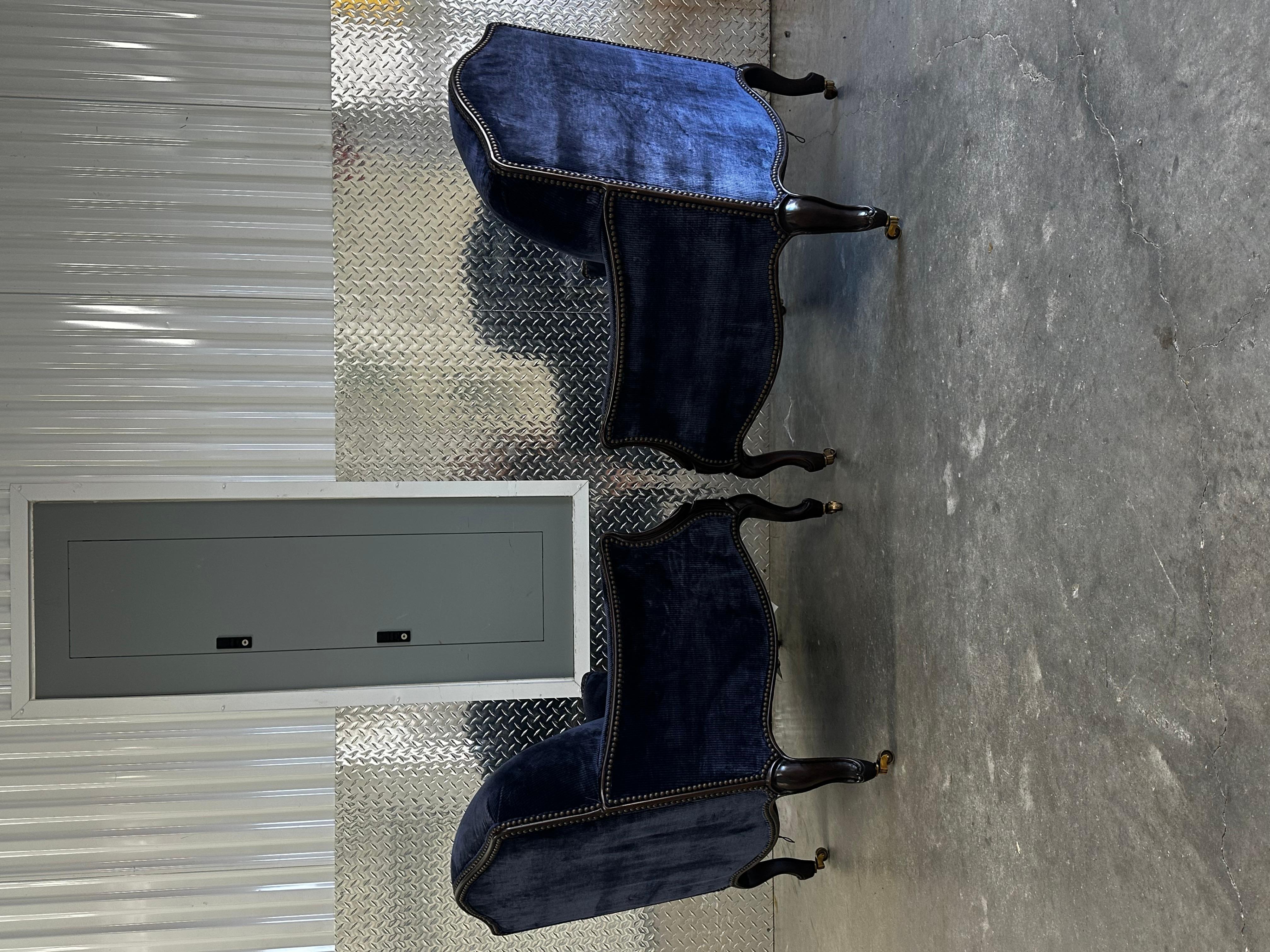 New Baker Furniture Navy Velvet Bergere Louis Style Chairs, Set of 3 In Excellent Condition For Sale In Fort Lauderdale, FL