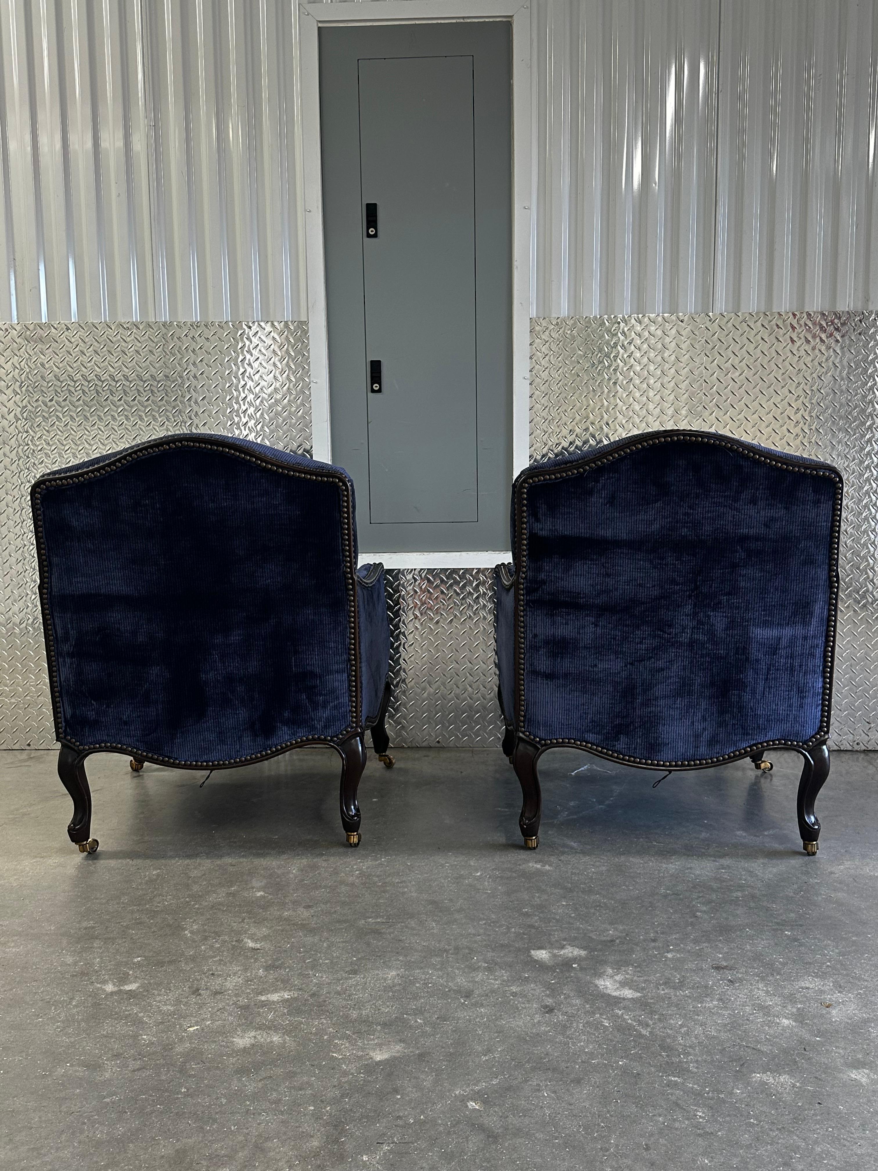 Contemporary New Baker Navy Velvet Bergere Louis Style Library Castors Chairs, Set of 3 For Sale