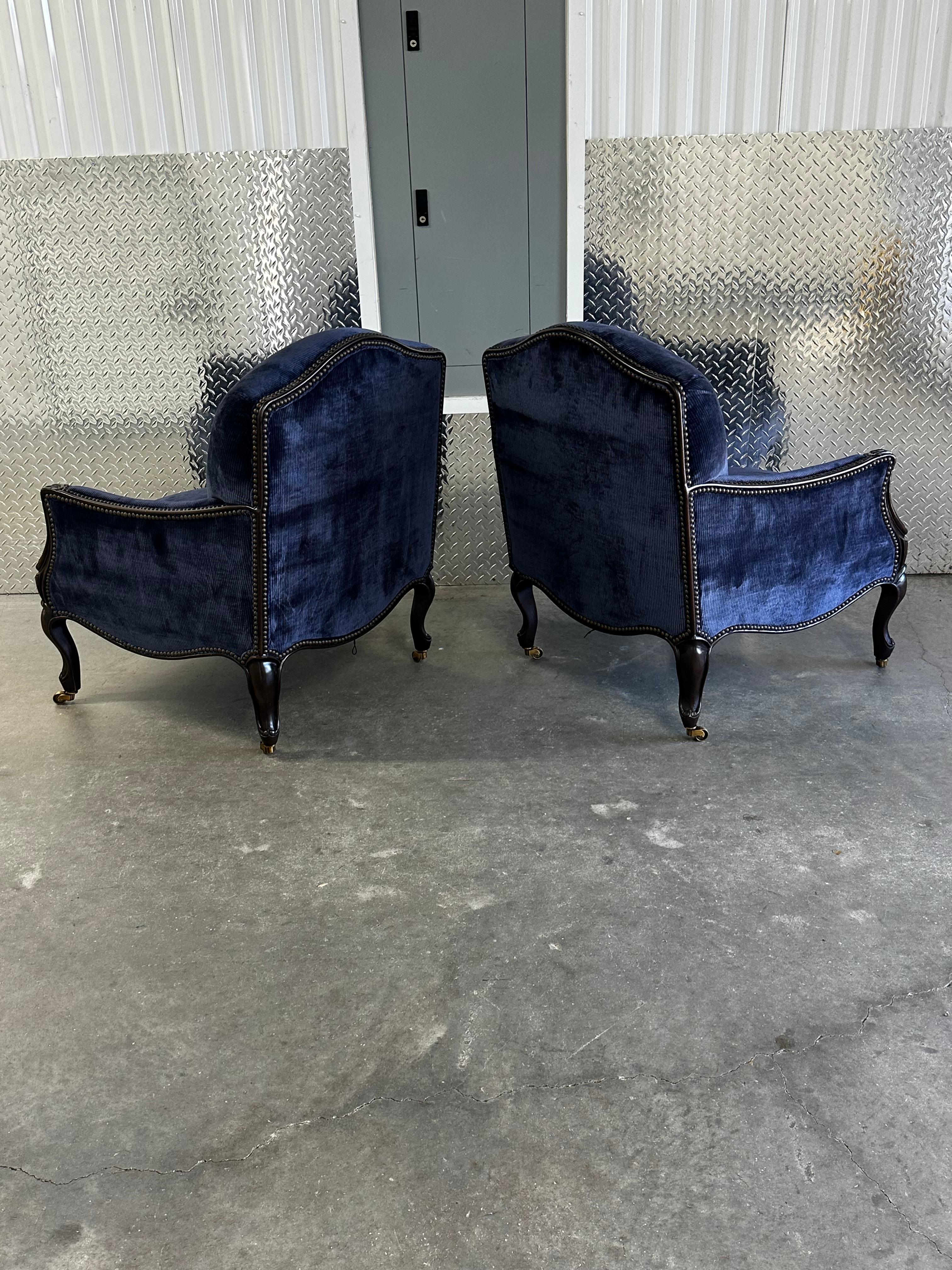Brass New Baker Navy Velvet Bergere Louis Style Library Castors Chairs, Set of 3 For Sale