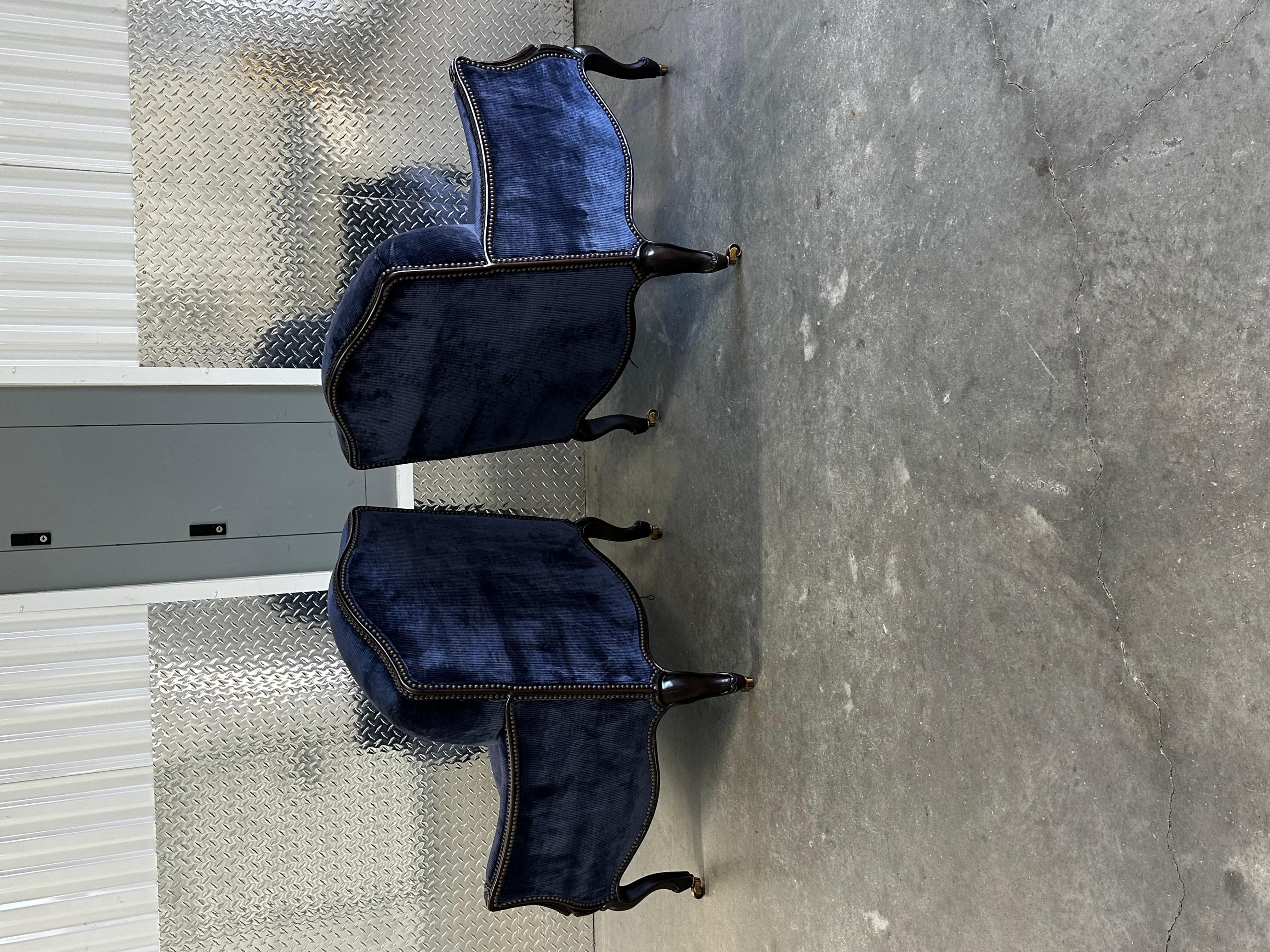 Brass New Baker Furniture Navy Velvet Bergere Louis Style Chairs, Set of 3 For Sale