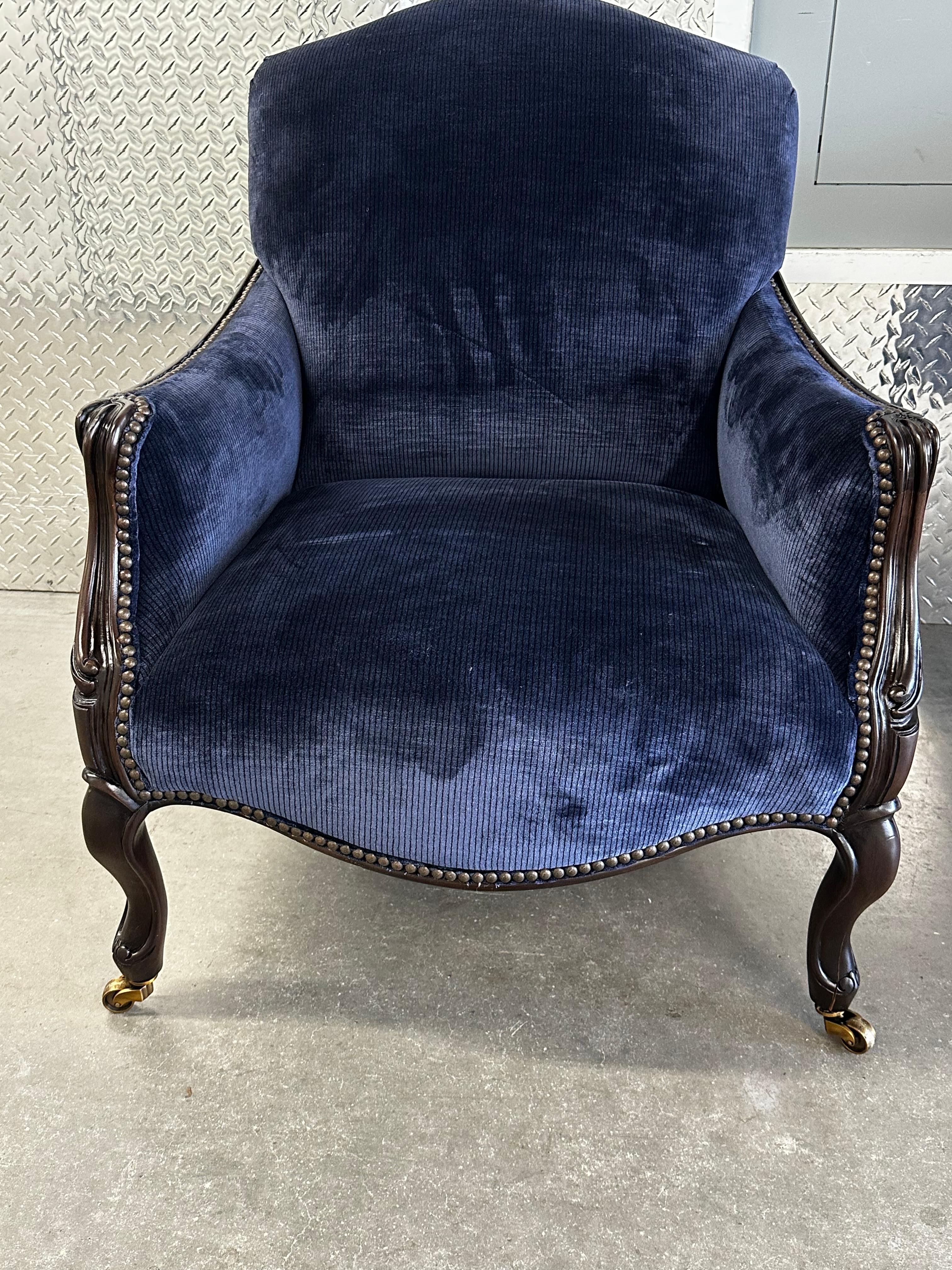 New Baker Navy Velvet Bergere Louis Style Library Castors Chairs, Set of 3 For Sale 1