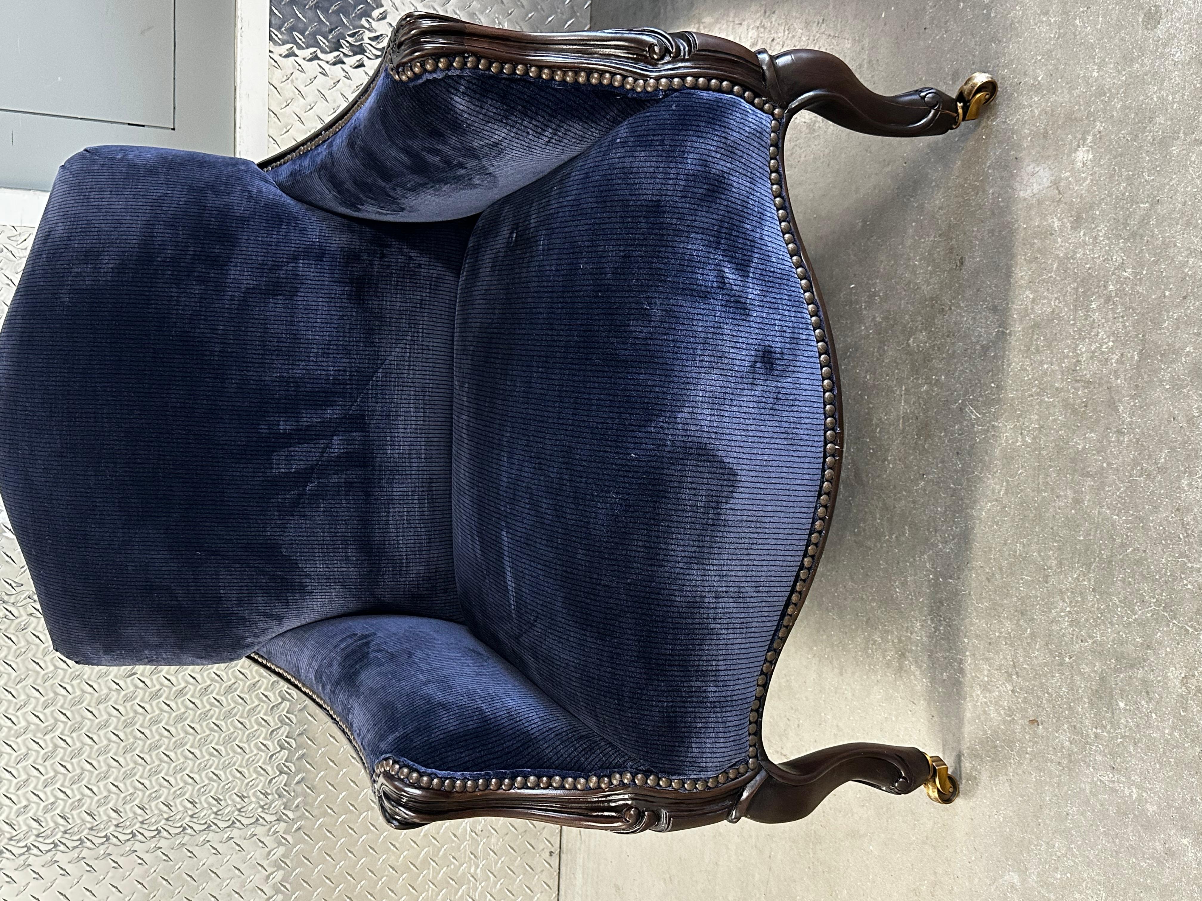 New Baker Furniture Navy Velvet Bergere Louis Style Chairs, Set of 3 For Sale 1