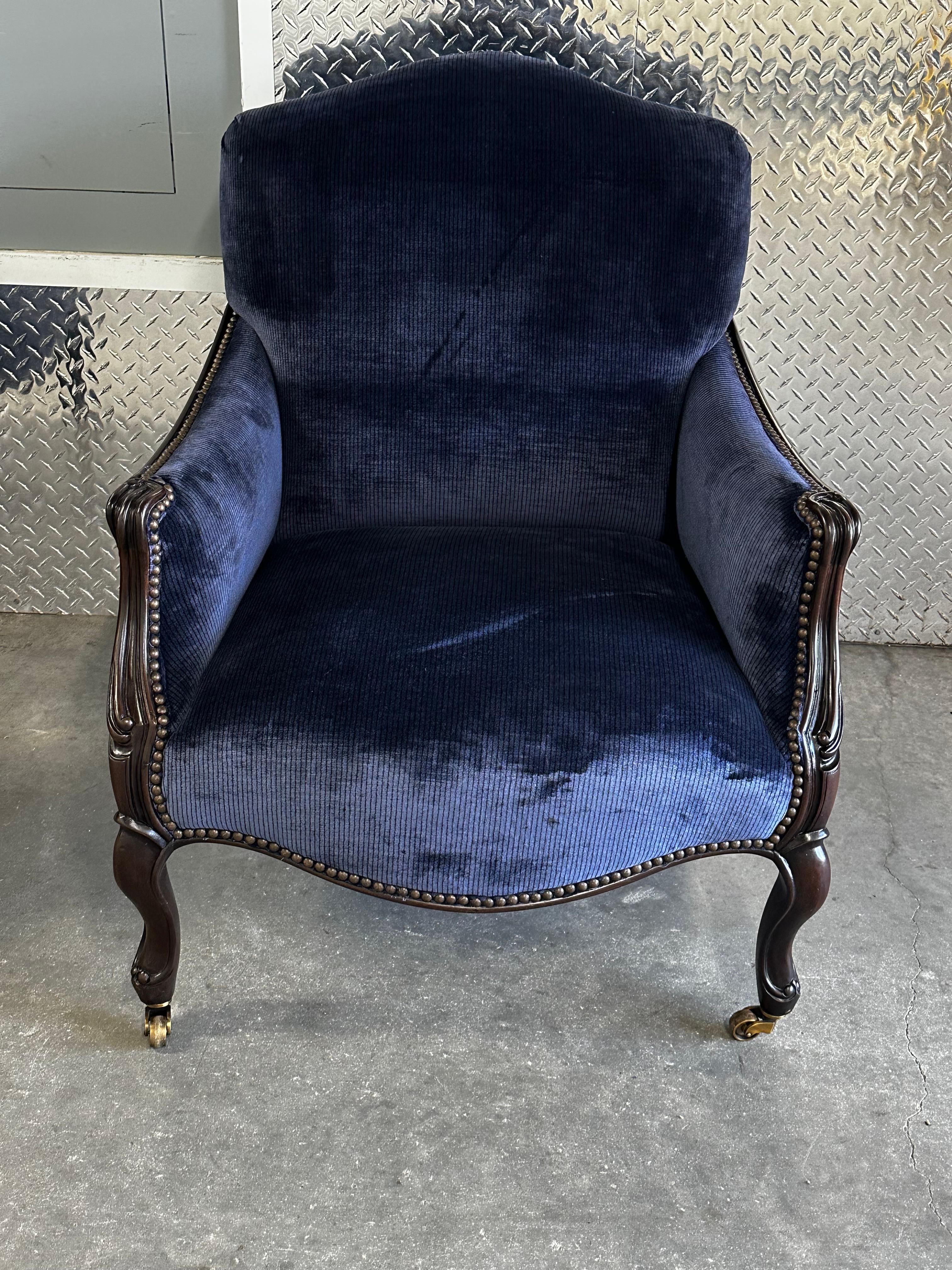 New Baker Navy Velvet Bergere Louis Style Library Castors Chairs, Set of 3 For Sale 2