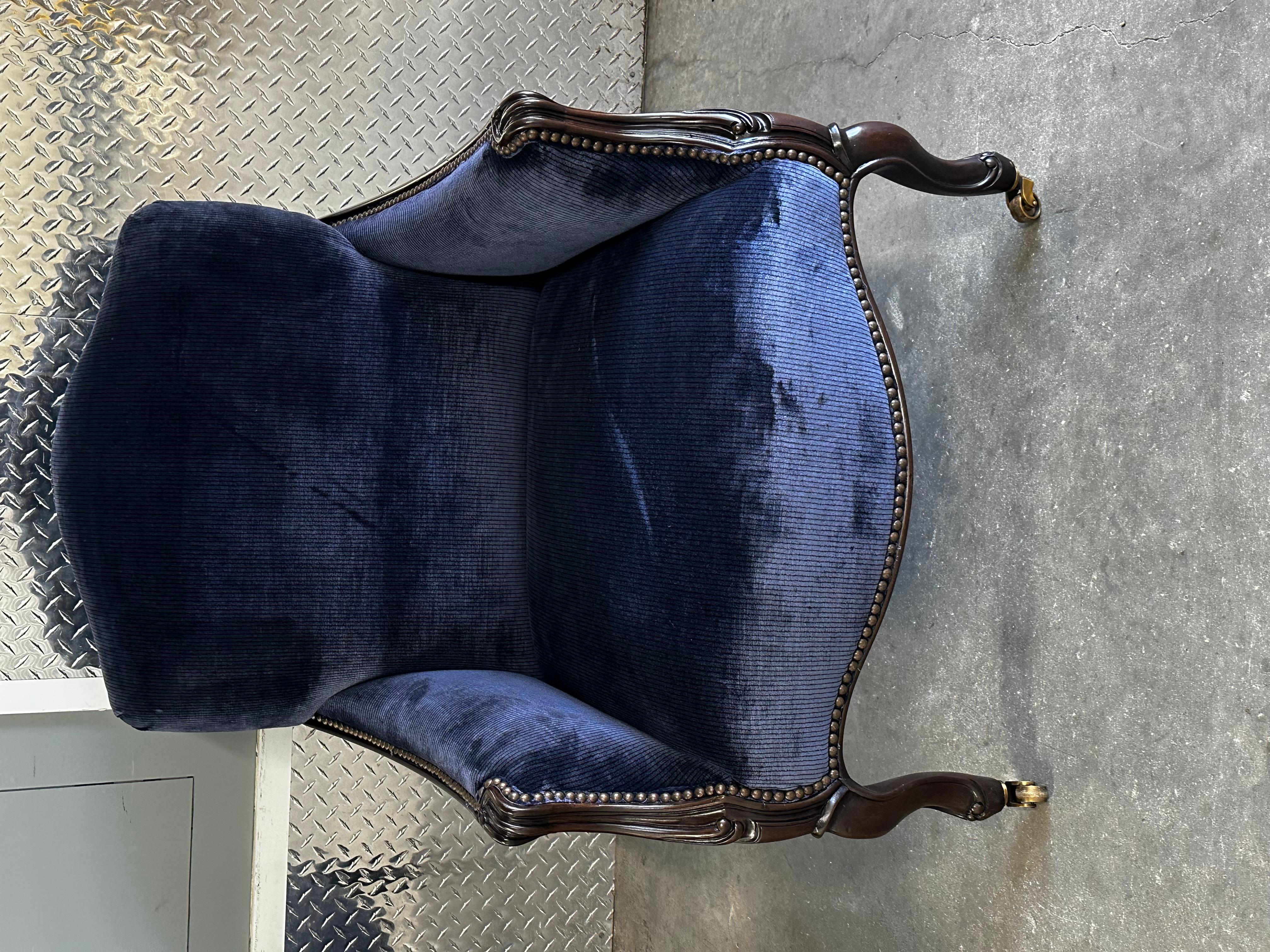 New Baker Furniture Navy Velvet Bergere Louis Style Chairs, Set of 3 For Sale 2