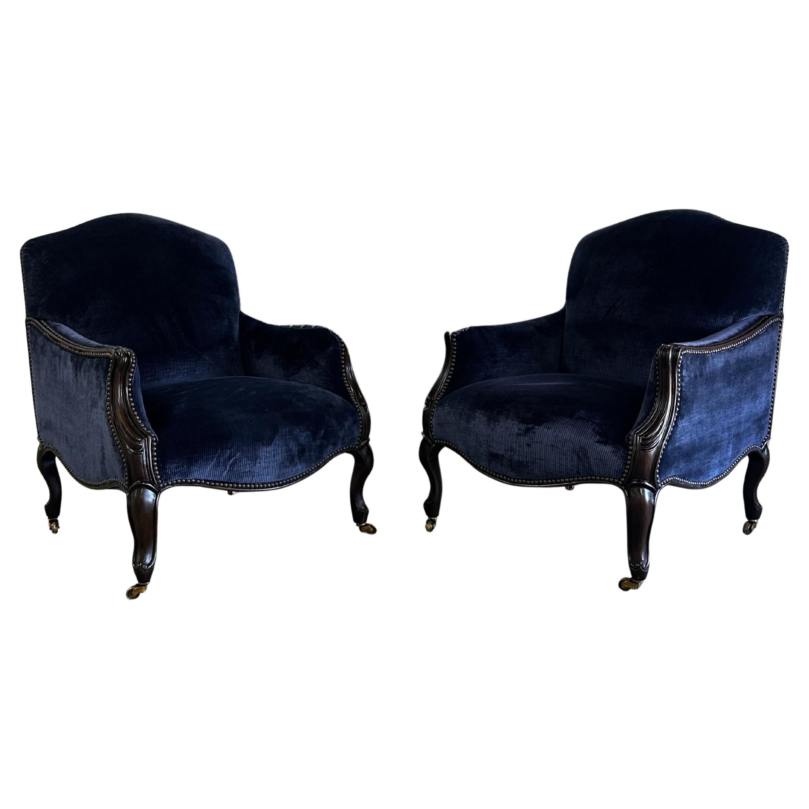 New Baker Furniture Navy Velvet Bergere Louis Style Chairs, Set of 3 For Sale