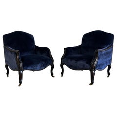 Used New Baker Furniture Navy Velvet Bergere Louis Style Chairs, Set of 3