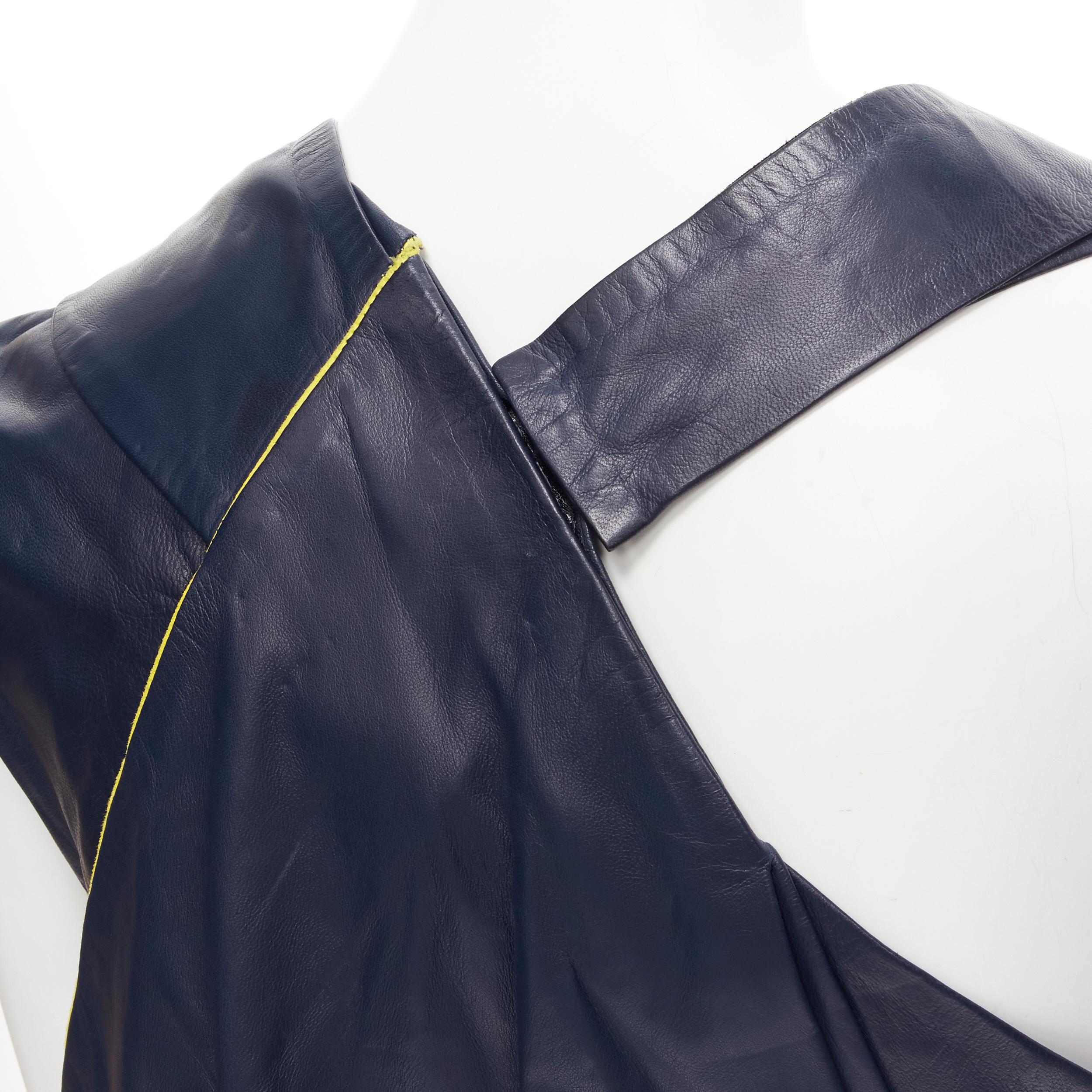 new BALENCIAGA 2010 Runway Nicolas Ghesquiere navy yellow leather pleated top For Sale 4