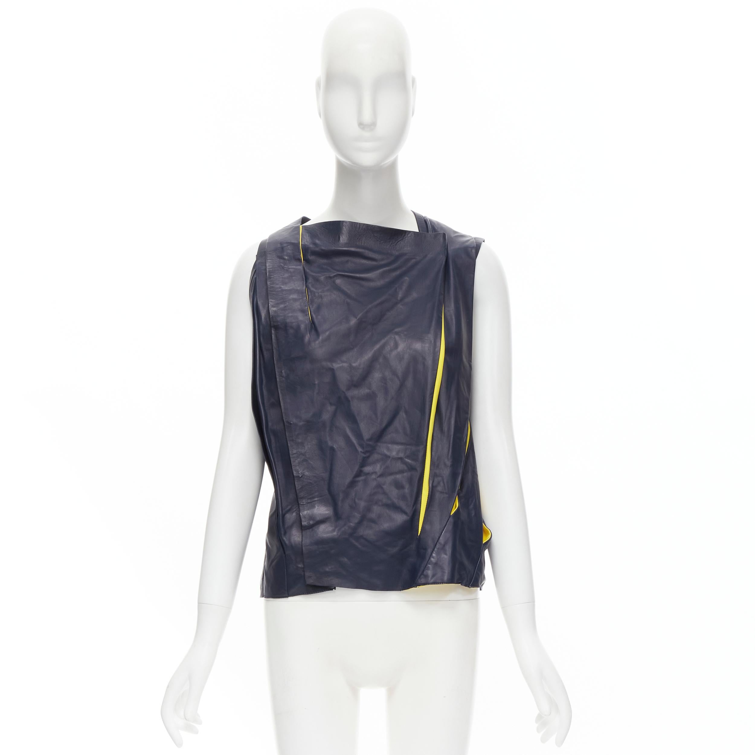 new BALENCIAGA 2010 Runway Nicolas Ghesquiere navy yellow leather pleated top For Sale 6