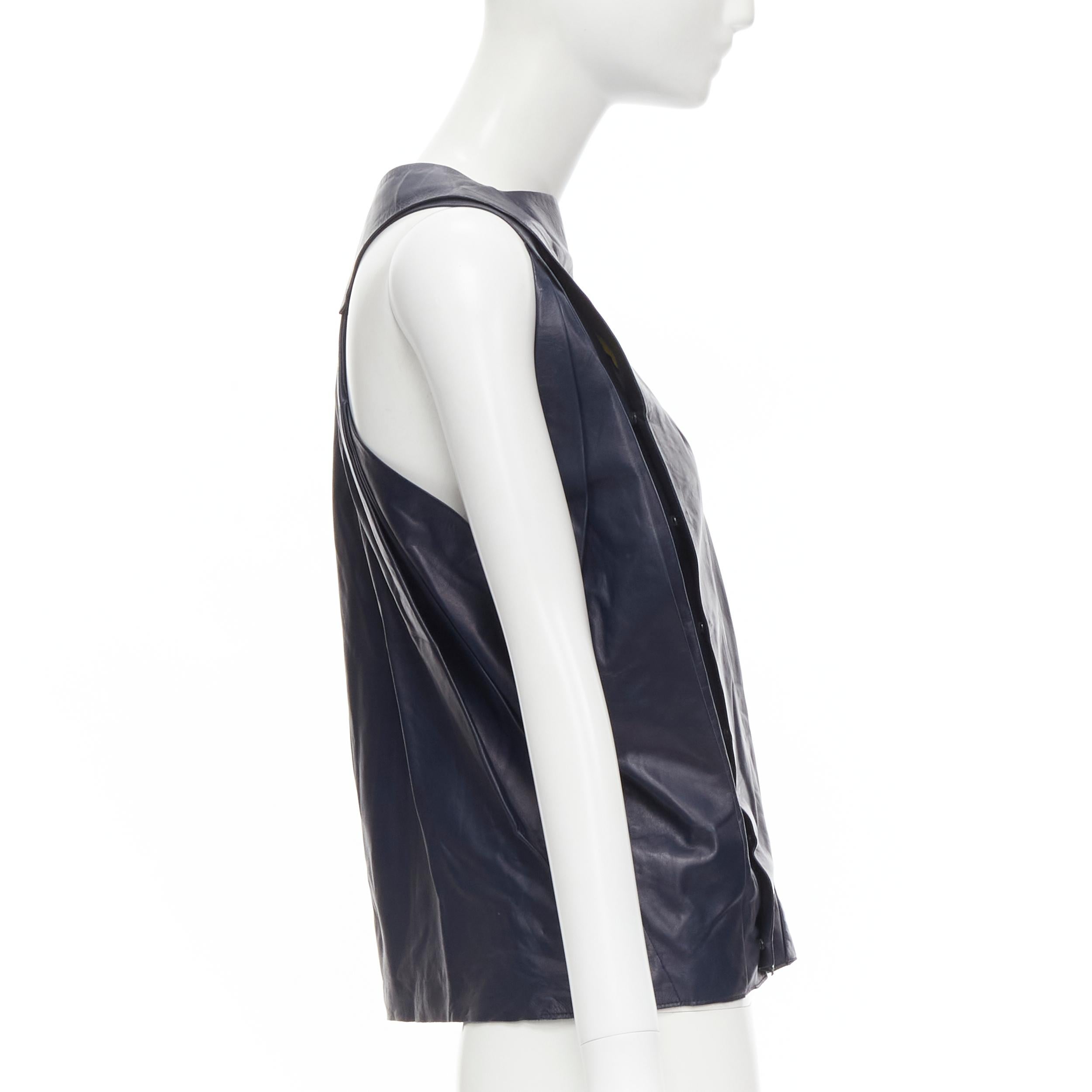 Black new BALENCIAGA 2010 Runway Nicolas Ghesquiere navy yellow leather pleated top For Sale