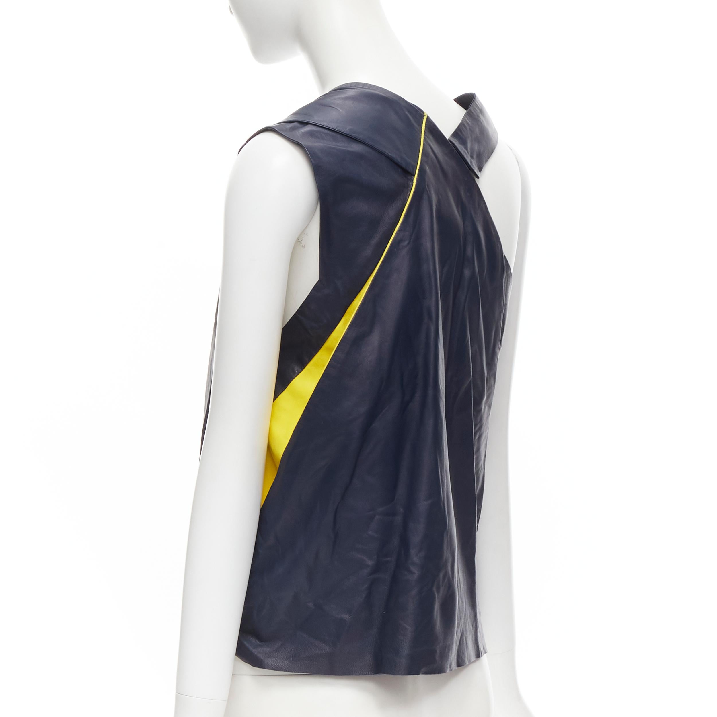 Women's new BALENCIAGA 2010 Runway Nicolas Ghesquiere navy yellow leather pleated top For Sale