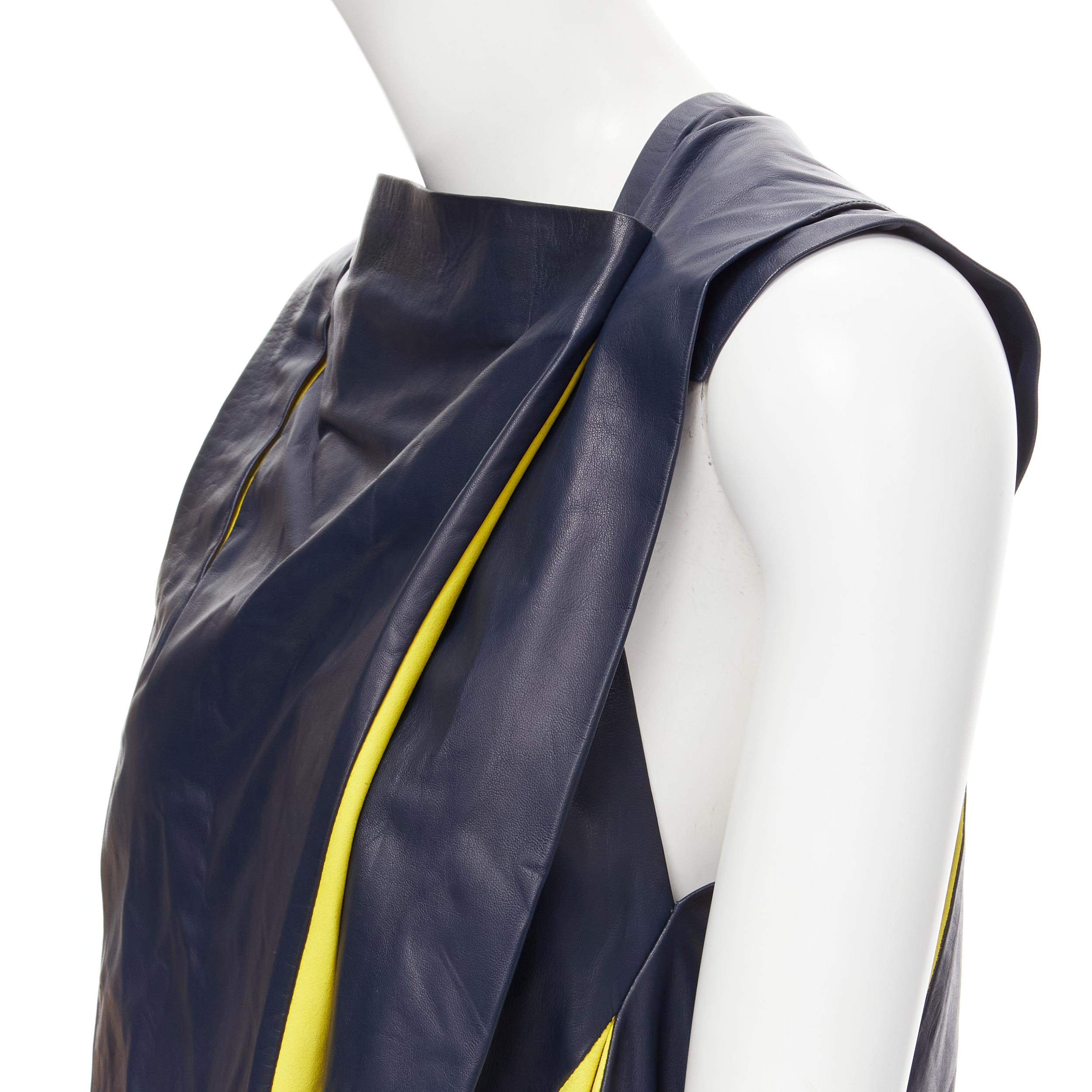 new BALENCIAGA 2010 Runway Nicolas Ghesquiere navy yellow leather pleated top For Sale 1