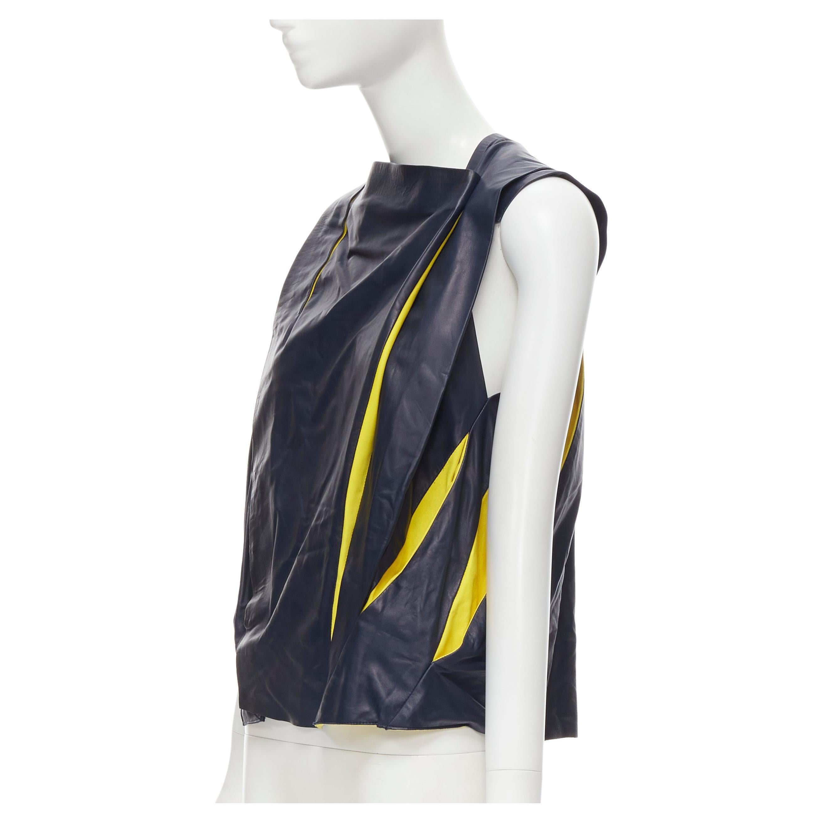new BALENCIAGA 2010 Runway Nicolas Ghesquiere navy yellow leather pleated top For Sale