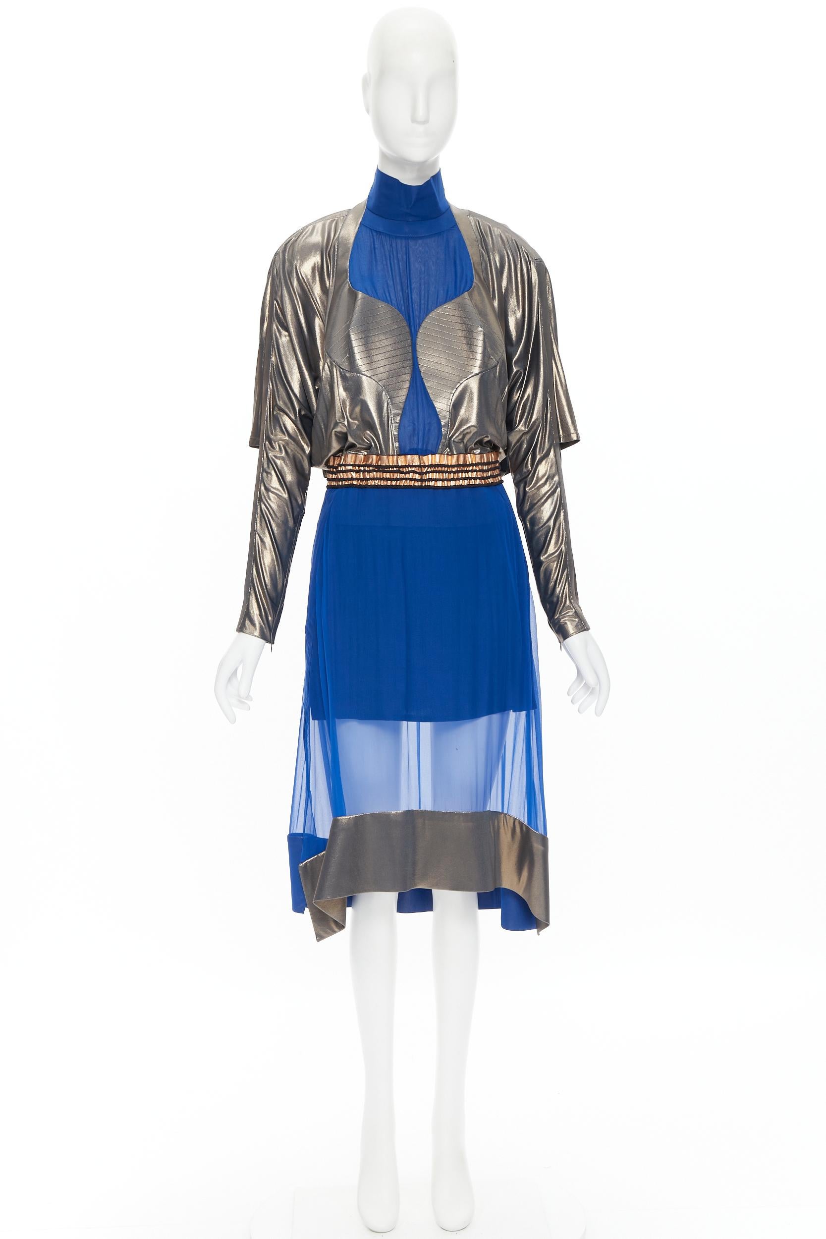 new BALENCIAGA 2012 Runway blue copper futuristic bustier silk dress FR36 XS For Sale 4