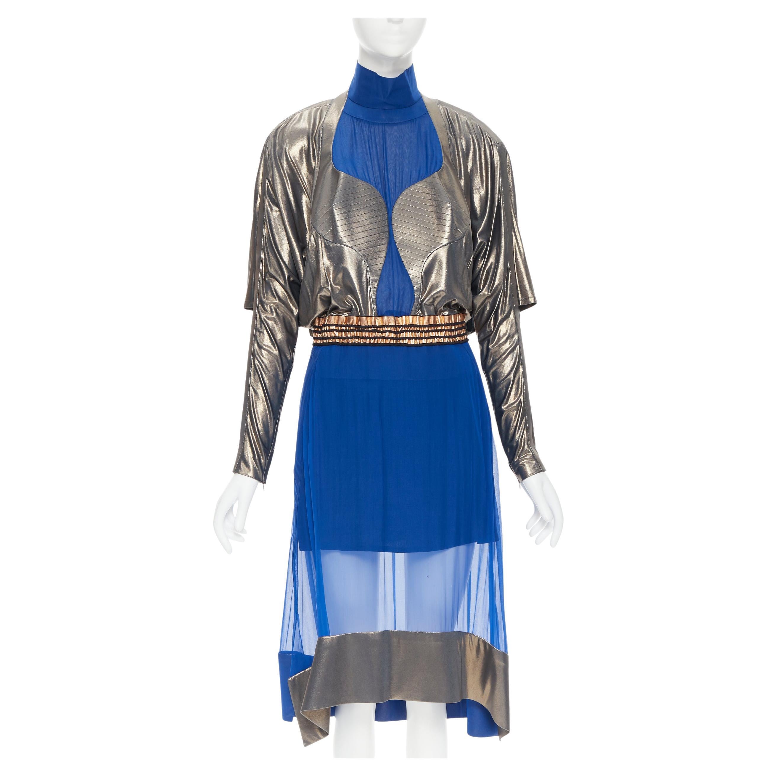 new BALENCIAGA 2012 Runway blue copper futuristic bustier silk dress FR36 XS