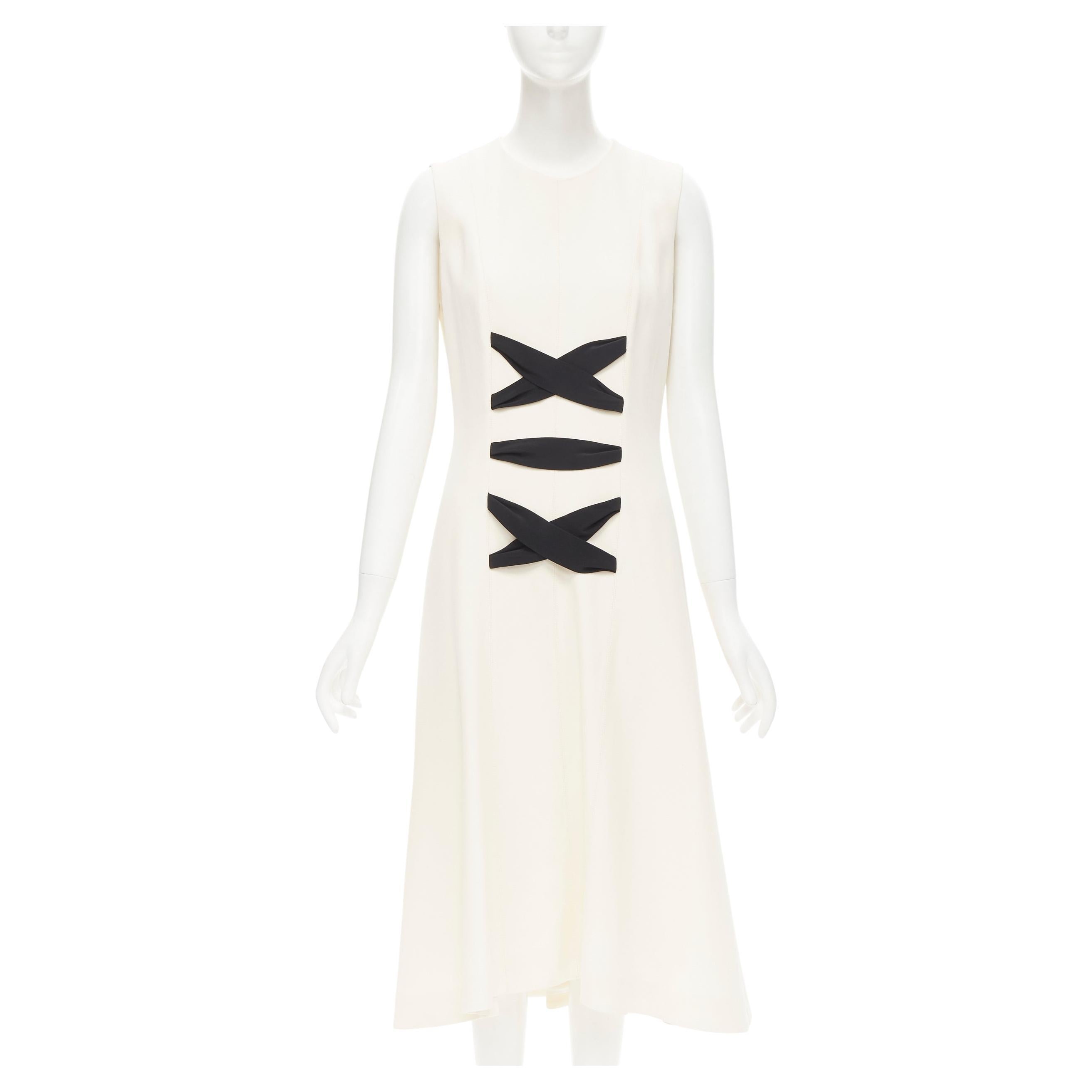 new BALENCIAGA 2015 cream crepe decorative black lace midi dress FR40 M For Sale